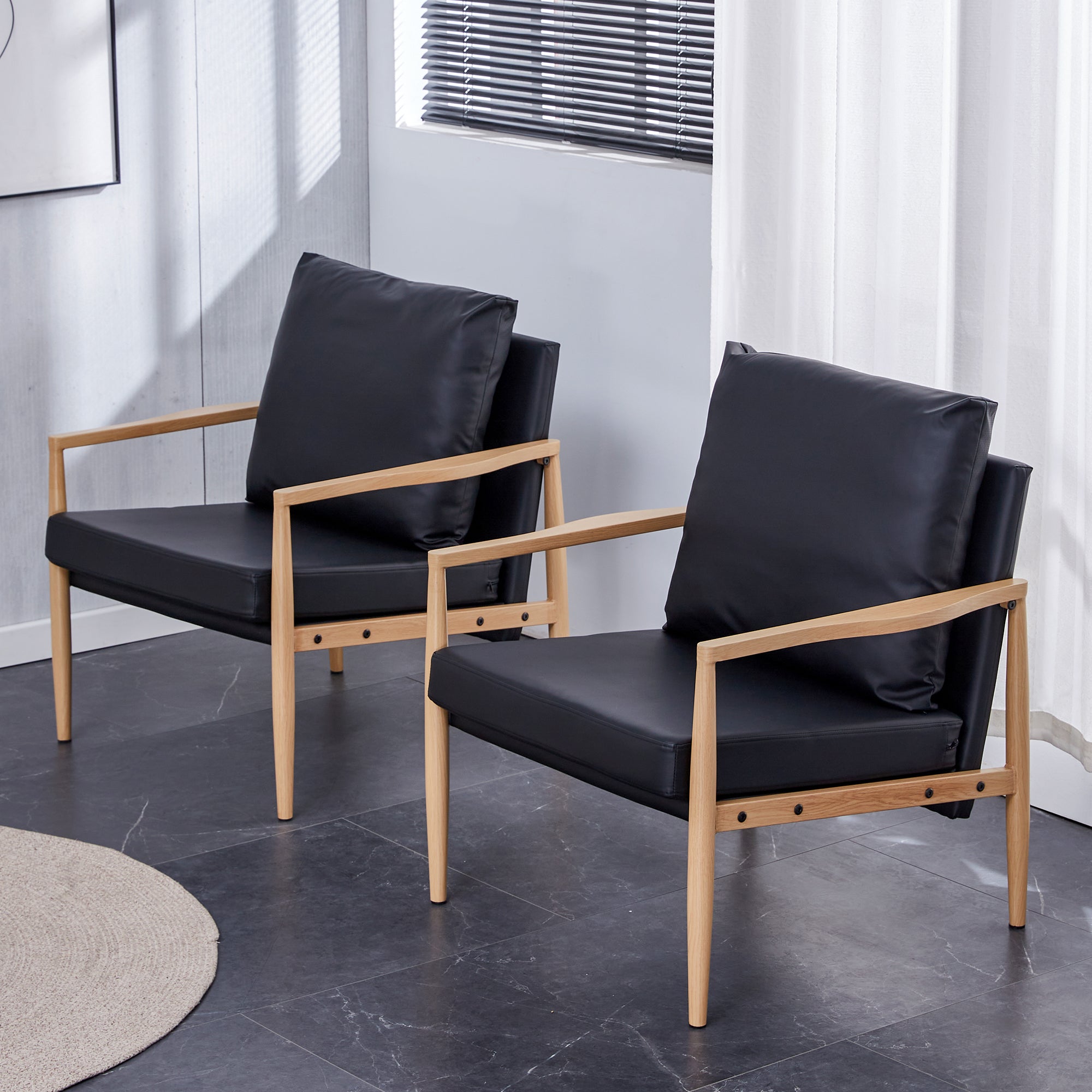 Set of 2 PU Leather Mid Century Modern Accent Armchair with Metal Frame- Black, Brown_3