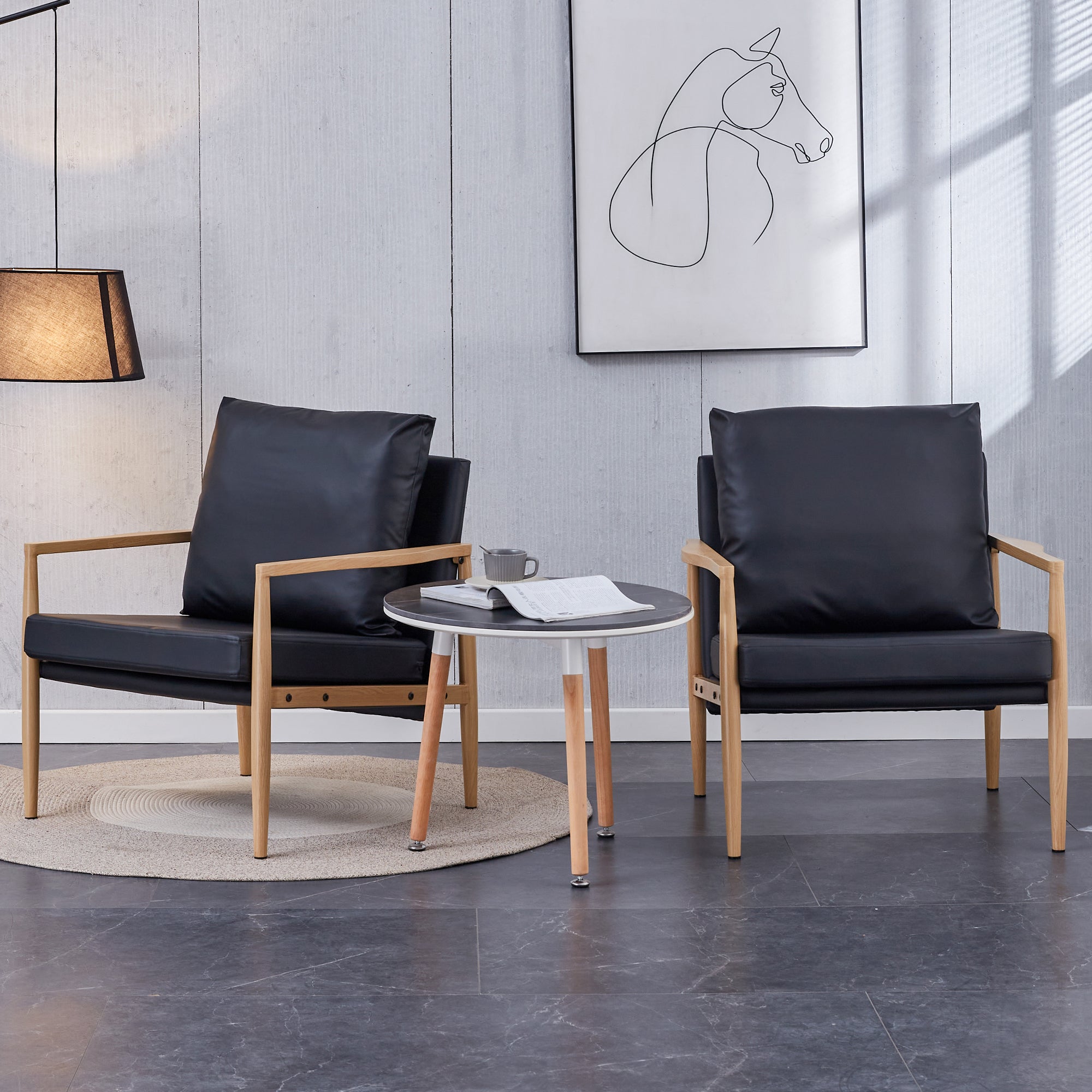 Set of 2 PU Leather Mid Century Modern Accent Armchair with Metal Frame- Black, Brown_2