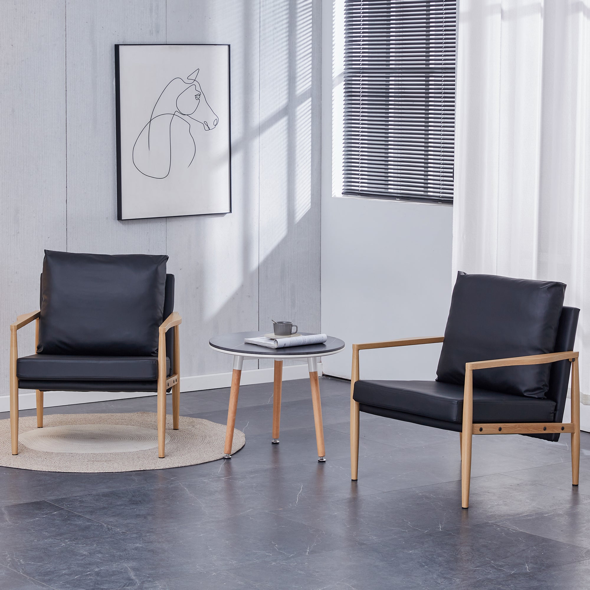 Set of 2 PU Leather Mid Century Modern Accent Armchair with Metal Frame- Black, Brown_1