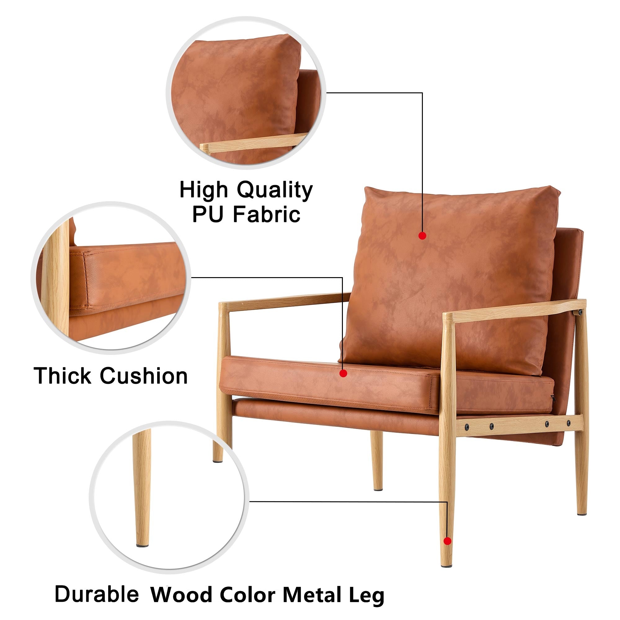 Set of 2 PU Leather Mid Century Modern Accent Armchair with Metal Frame- Brown, Brown_17
