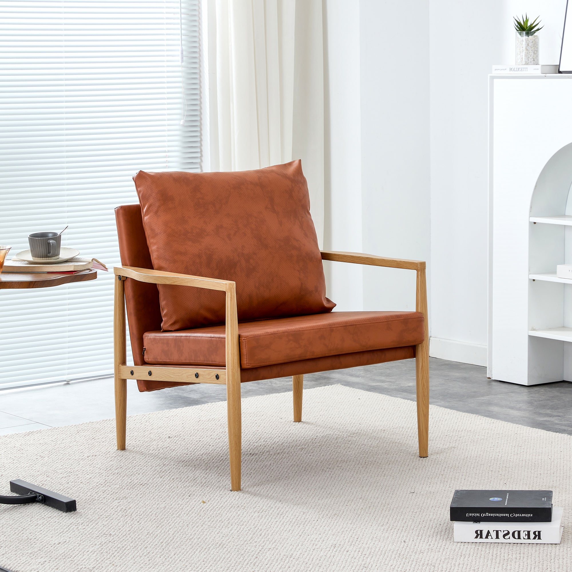 Set of 2 PU Leather Mid Century Modern Accent Armchair with Metal Frame- Brown, Brown_5