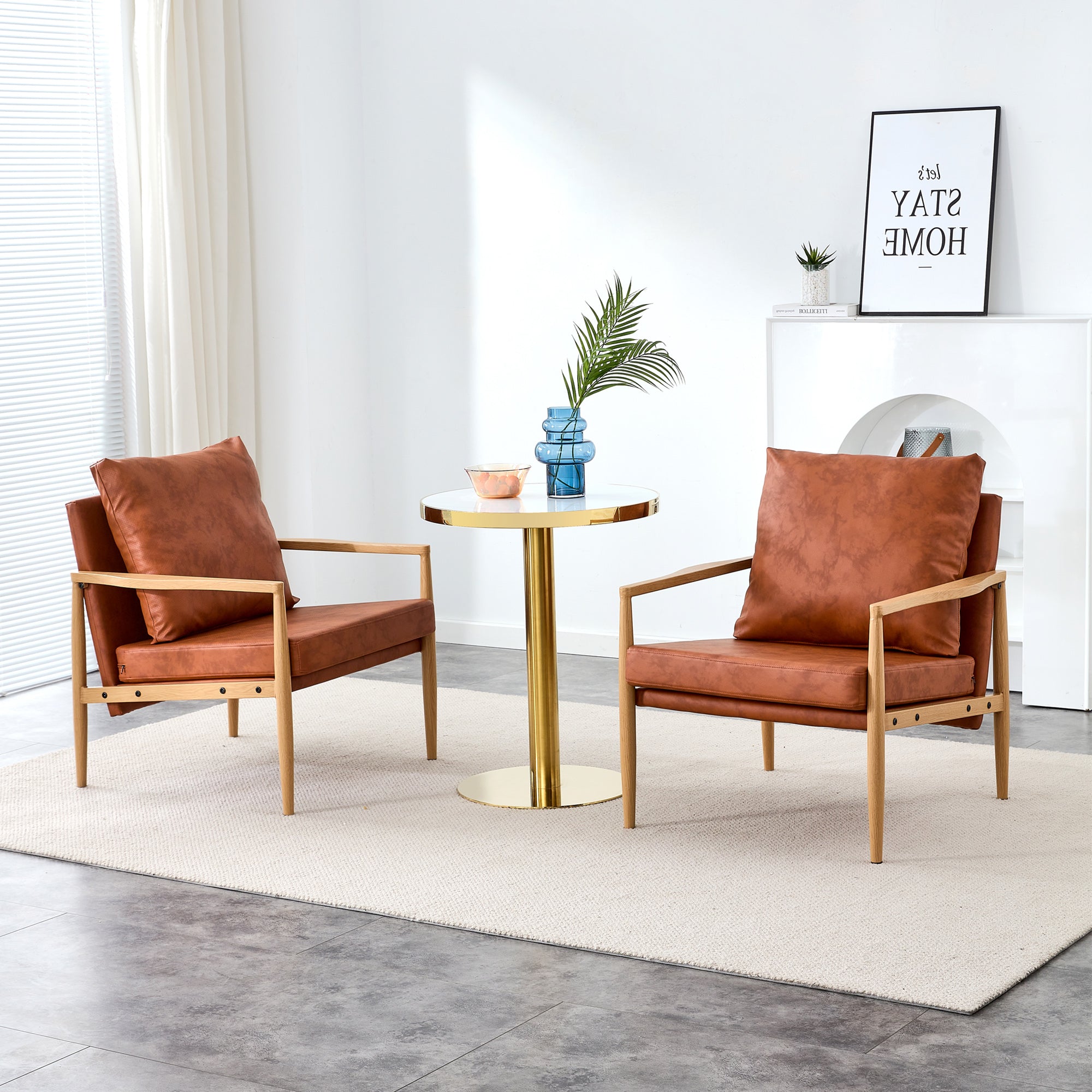 Set of 2 PU Leather Mid Century Modern Accent Armchair with Metal Frame- Brown, Brown_3