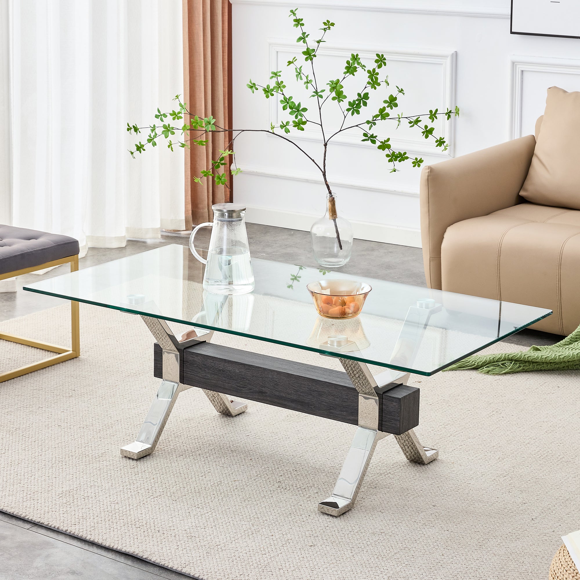 Contemporary Tempered Glass Coffee Table with Plated Metal Legs and MDF Crossbar_3