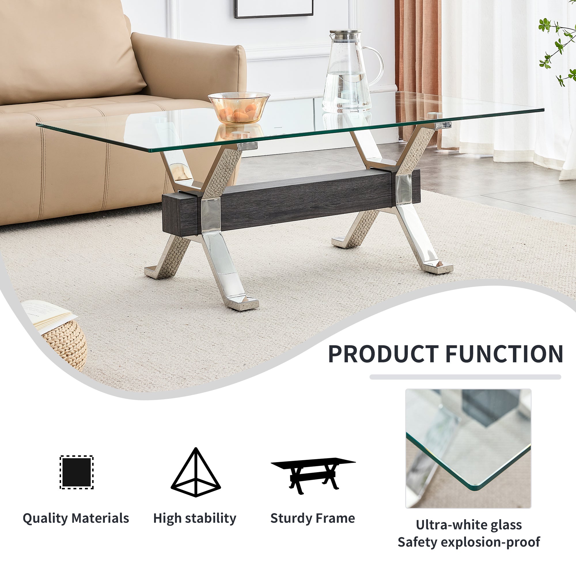 Contemporary Tempered Glass Coffee Table with Plated Metal Legs and MDF Crossbar_21