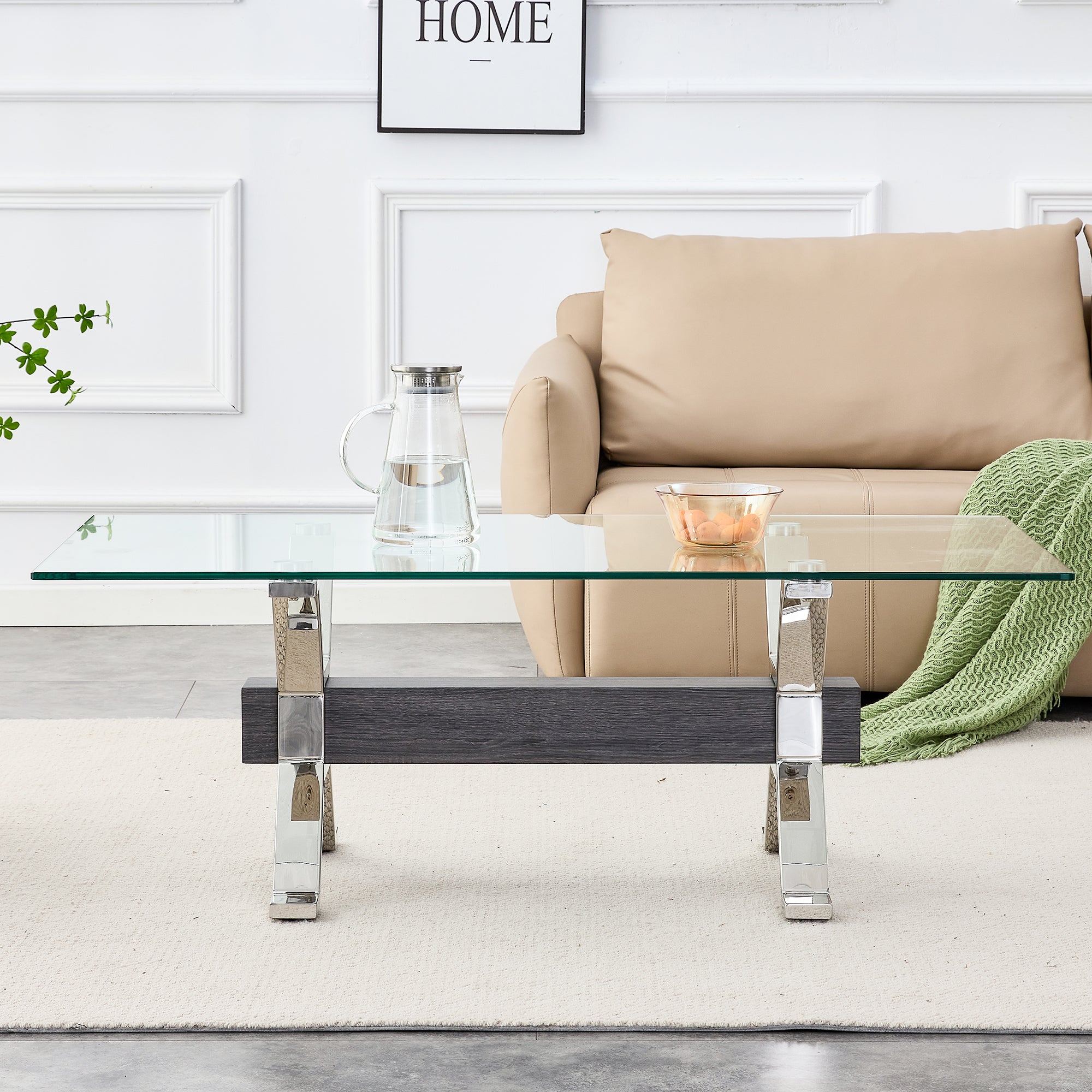 Contemporary Tempered Glass Coffee Table with Plated Metal Legs and MDF Crossbar_4