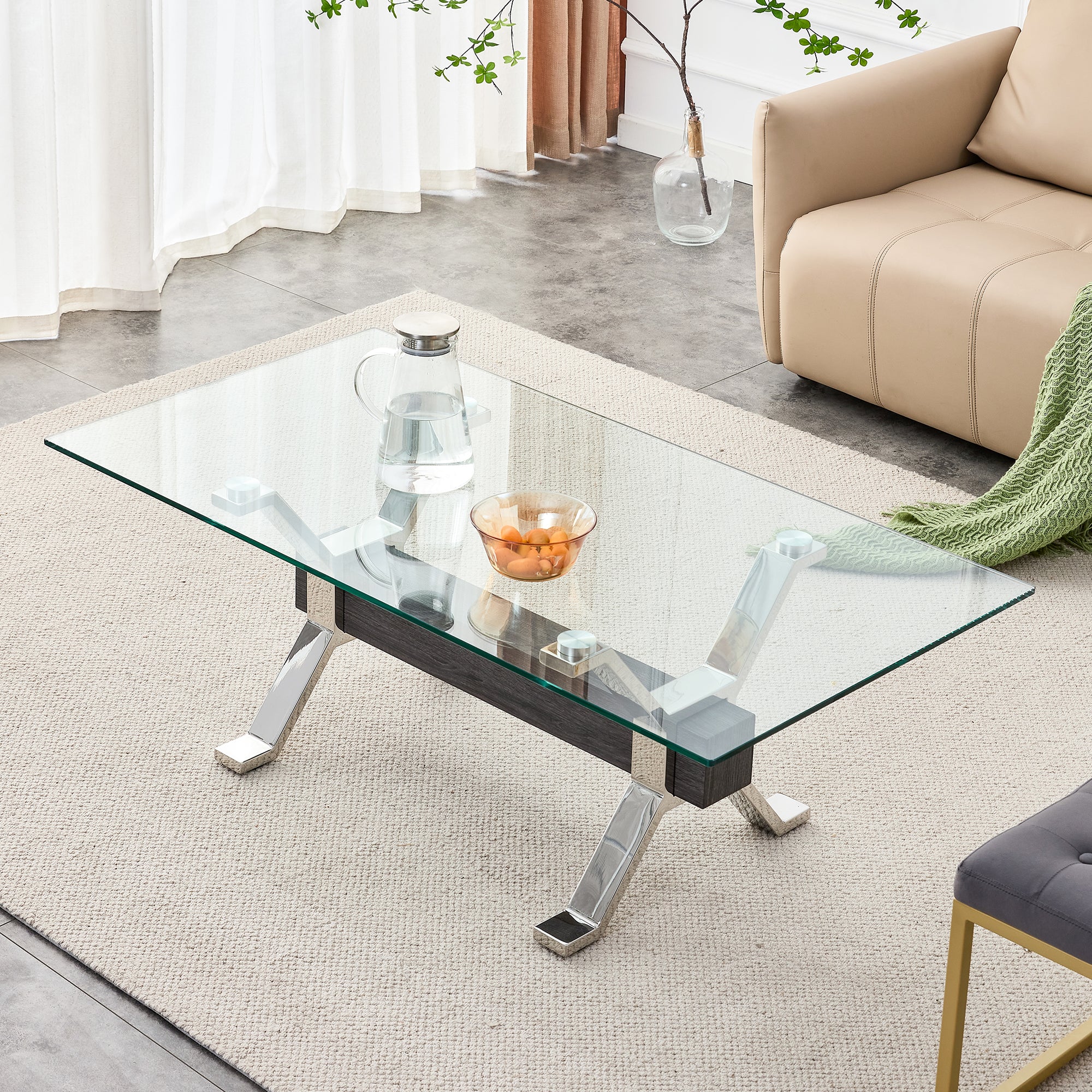 Contemporary Tempered Glass Coffee Table with Plated Metal Legs and MDF Crossbar_2