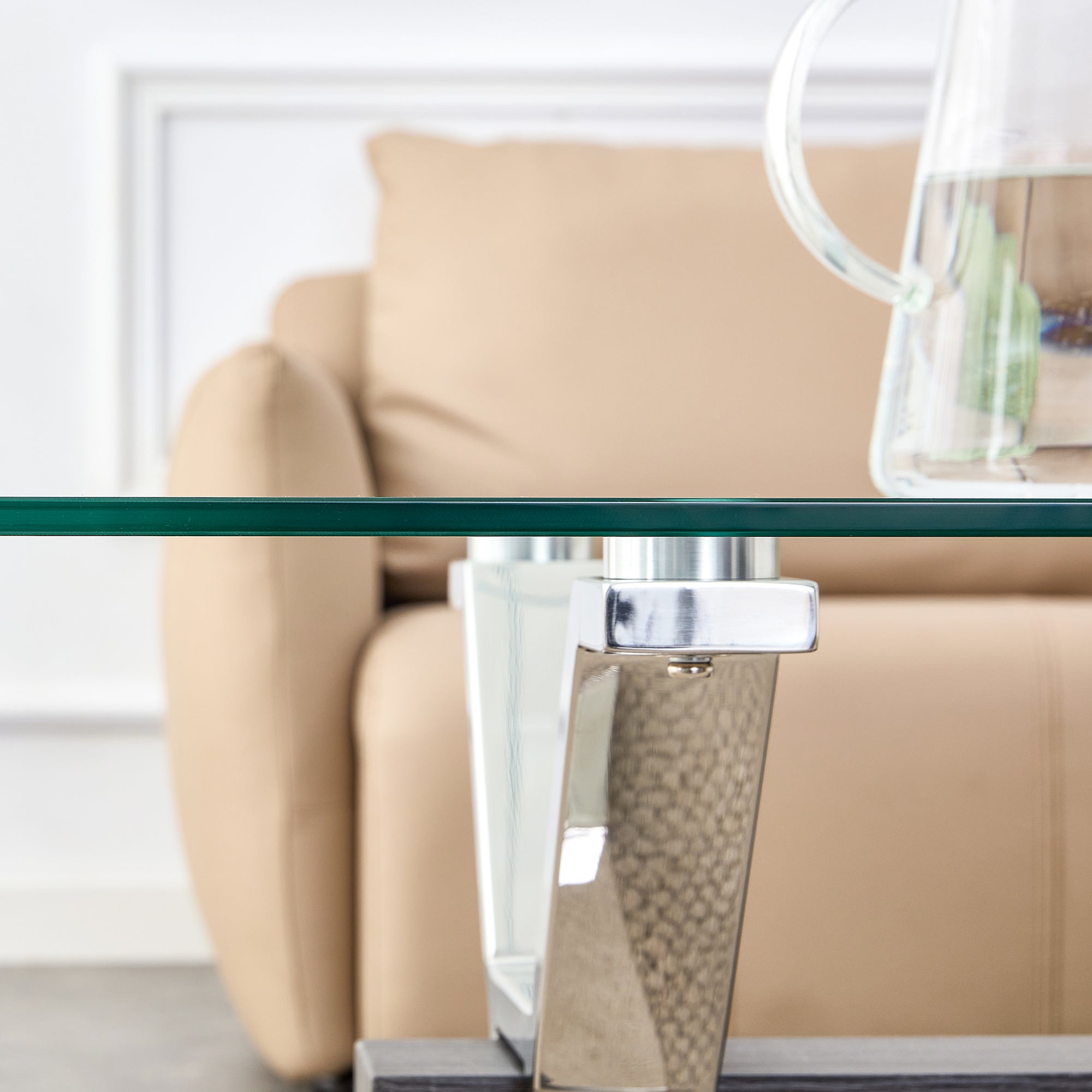 Contemporary Tempered Glass Coffee Table with Plated Metal Legs and MDF Crossbar_8