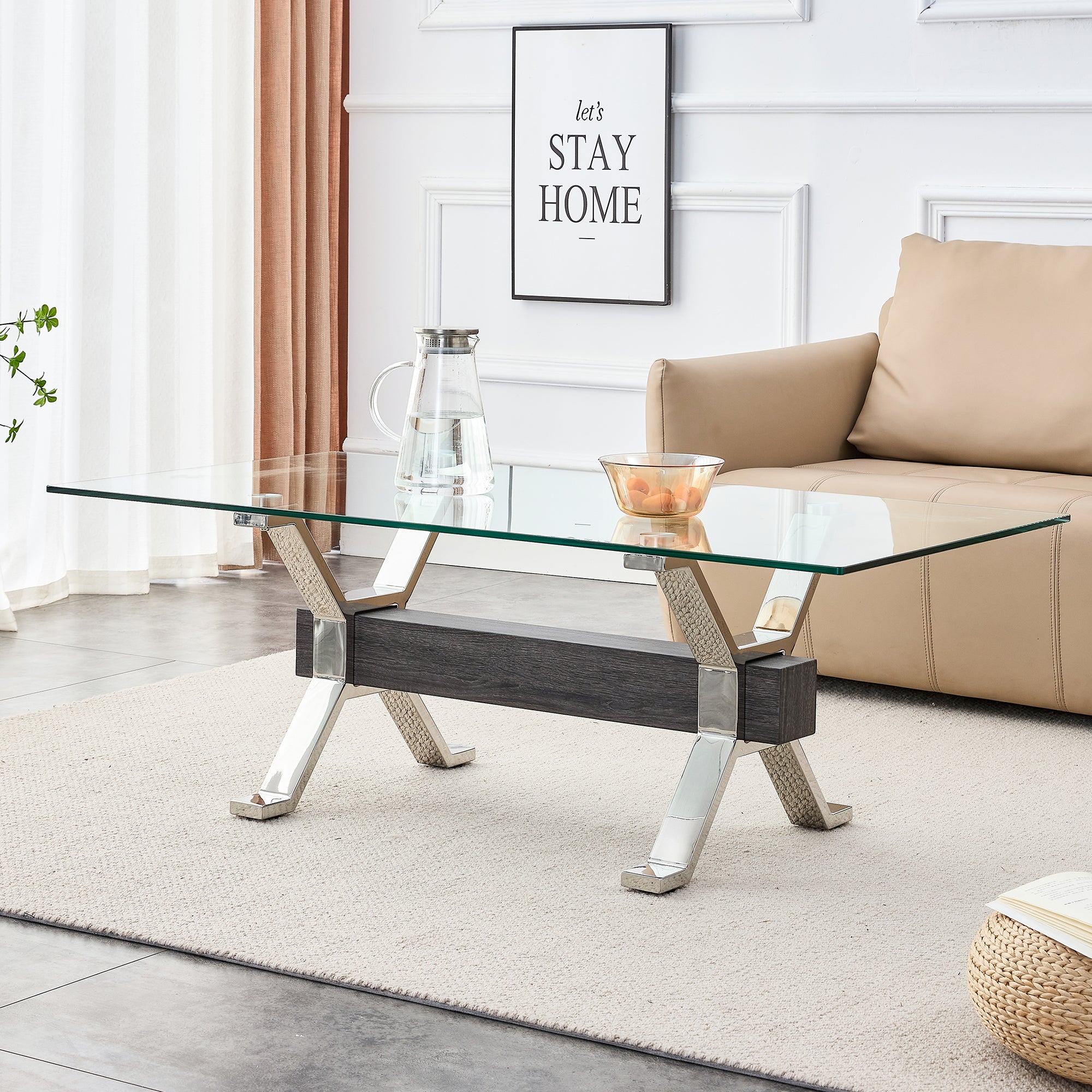 Contemporary Tempered Glass Coffee Table with Plated Metal Legs and MDF Crossbar_1