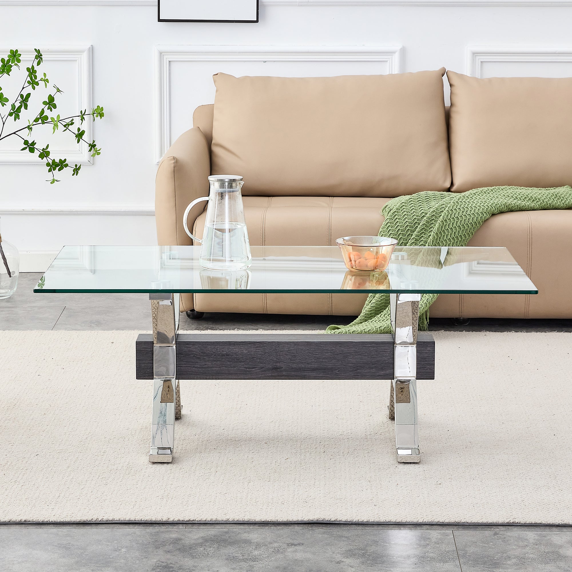 Contemporary Tempered Glass Coffee Table with Plated Metal Legs and MDF Crossbar_5