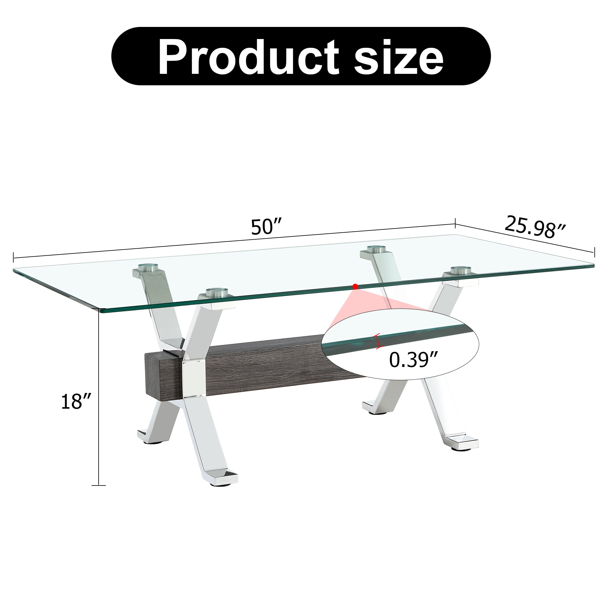 Contemporary Tempered Glass Coffee Table with Plated Metal Legs and MDF Crossbar_23