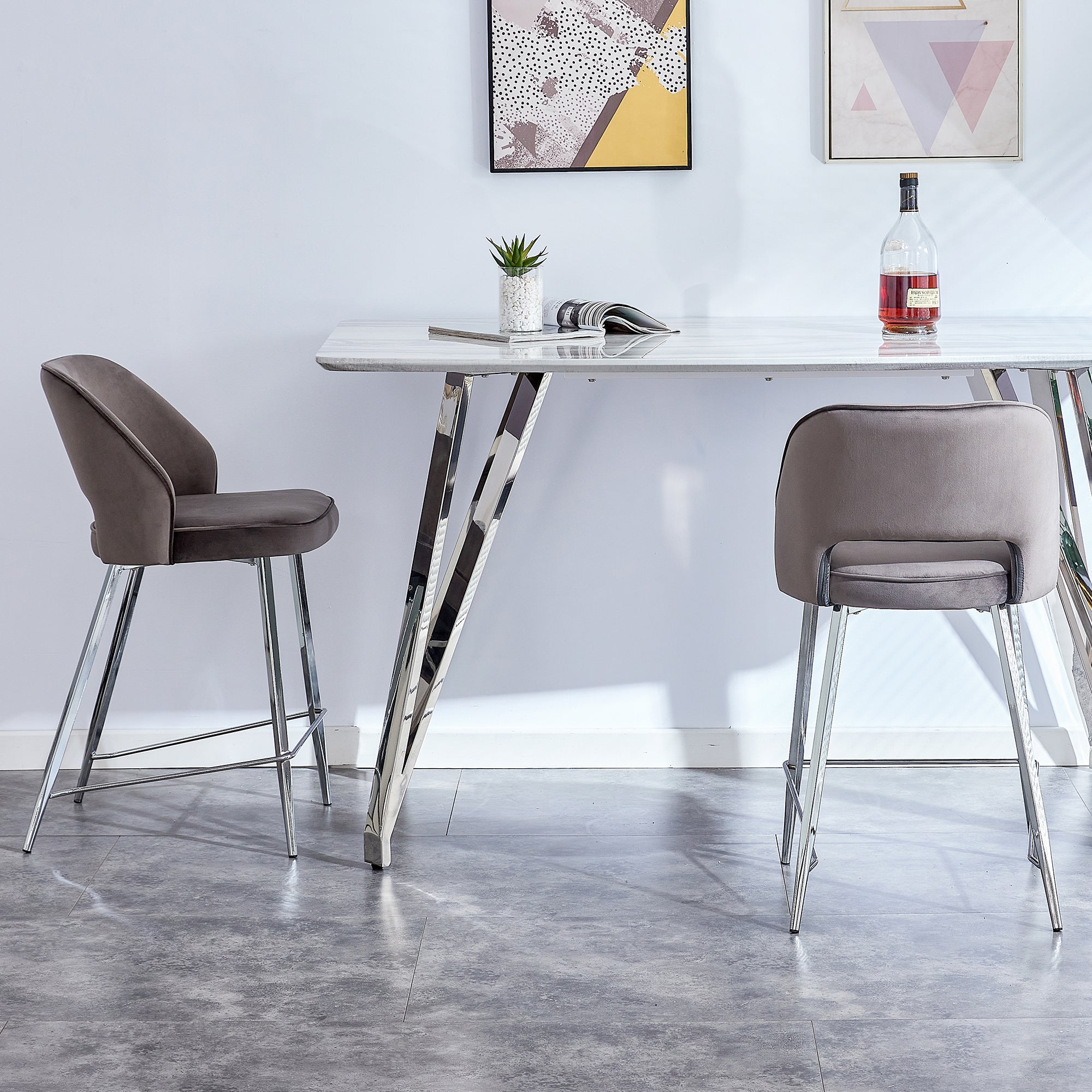 Set of 2 Velvet Dining Barstools with Anti Slip Metal Framed Legs- Gray_3