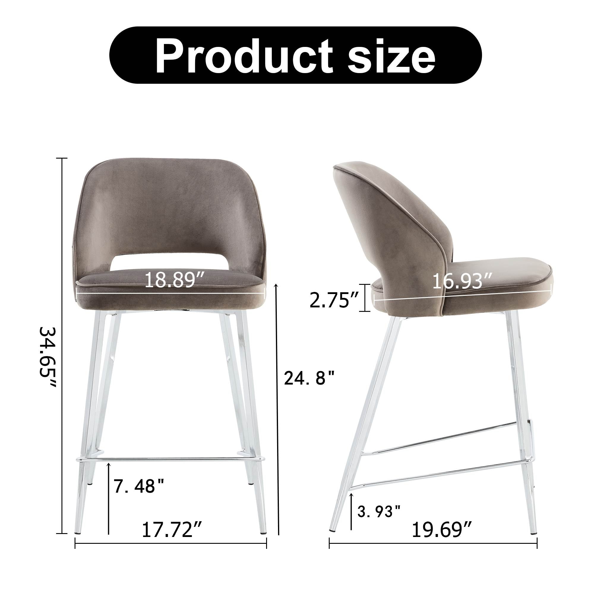 Set of 2 Velvet Dining Barstools with Anti Slip Metal Framed Legs- Gray_27