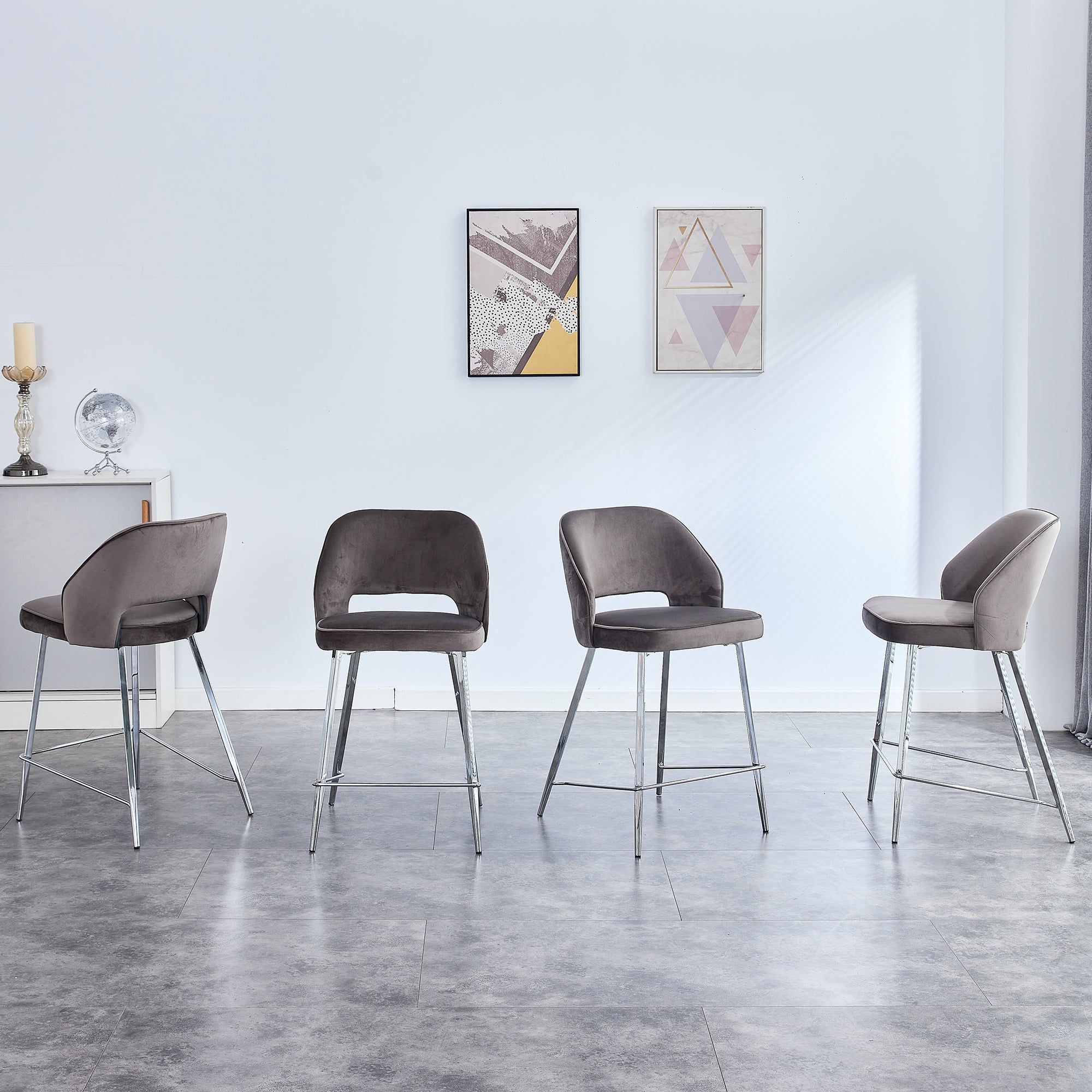 Set of 2 Velvet Dining Barstools with Anti Slip Metal Framed Legs- Gray_8