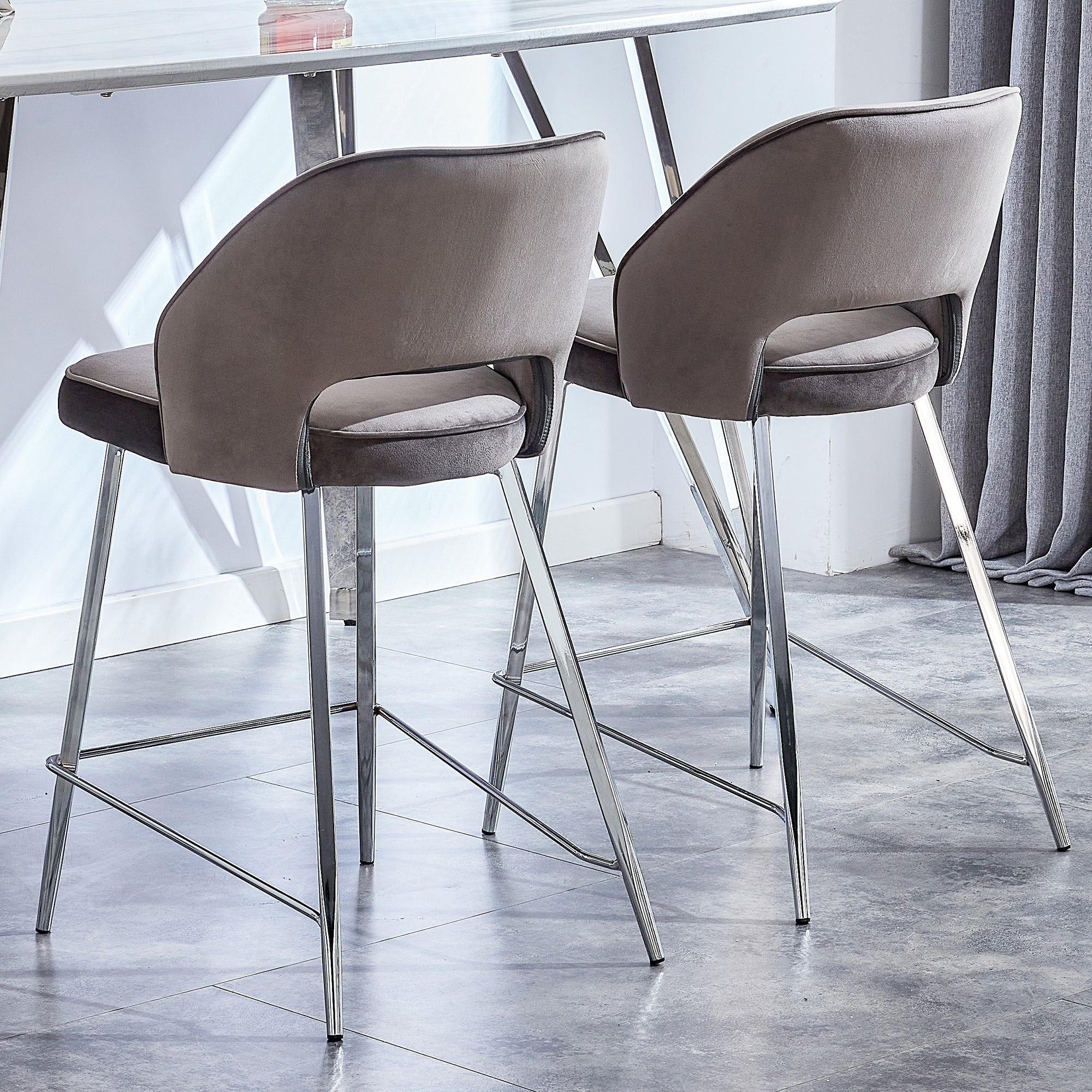Set of 2 Velvet Dining Barstools with Anti Slip Metal Framed Legs- Gray_7