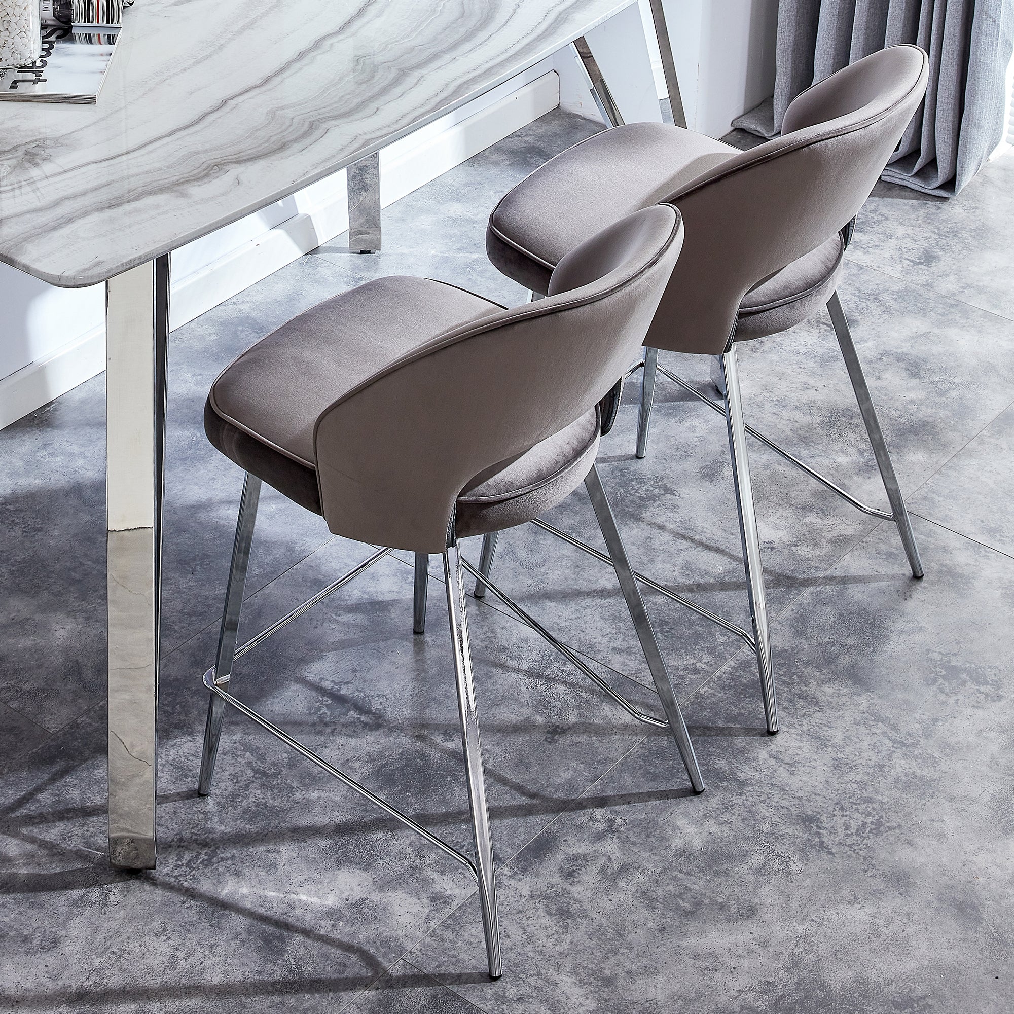 Set of 2 Velvet Dining Barstools with Anti Slip Metal Framed Legs- Gray_9