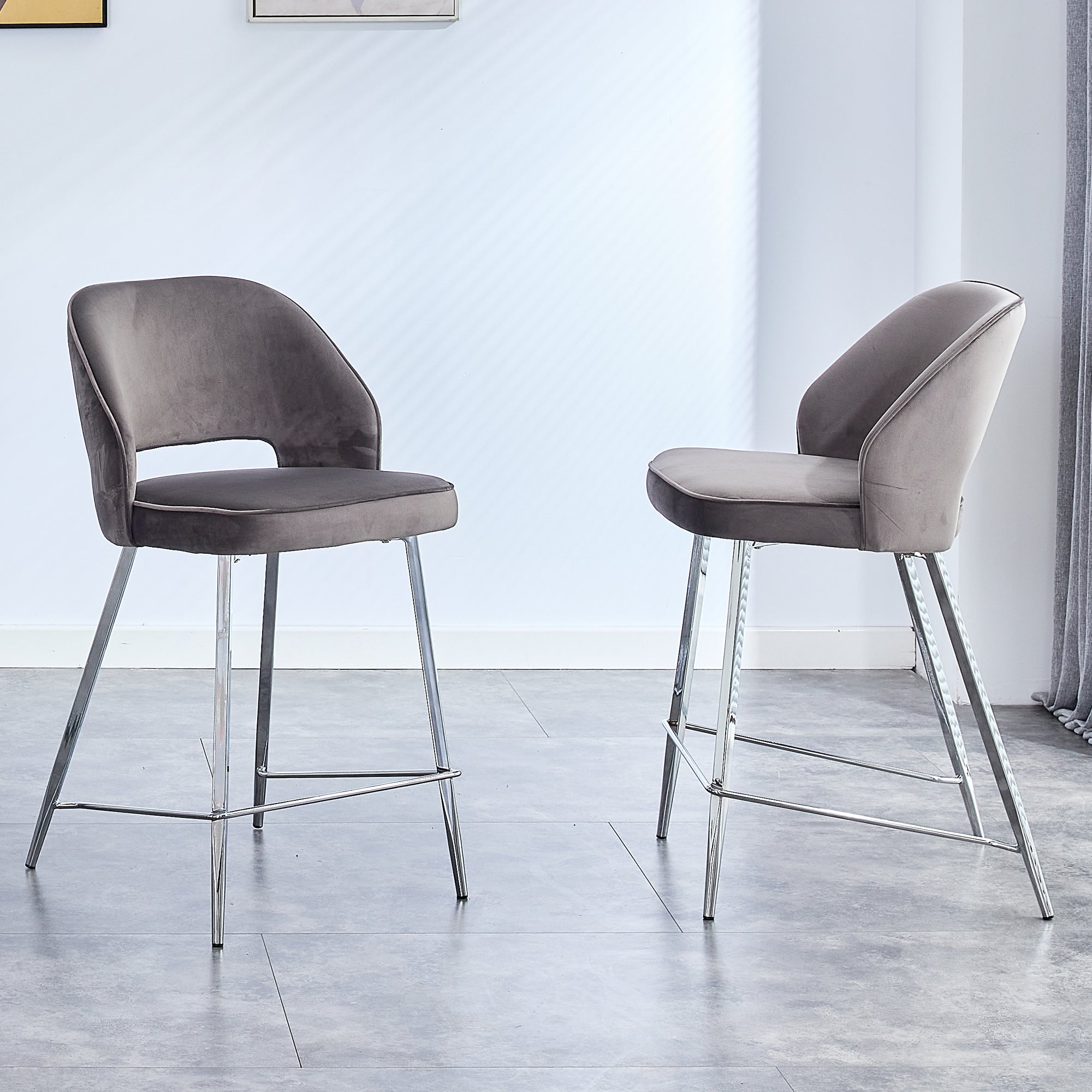 Set of 2 Velvet Dining Barstools with Anti Slip Metal Framed Legs- Gray_1