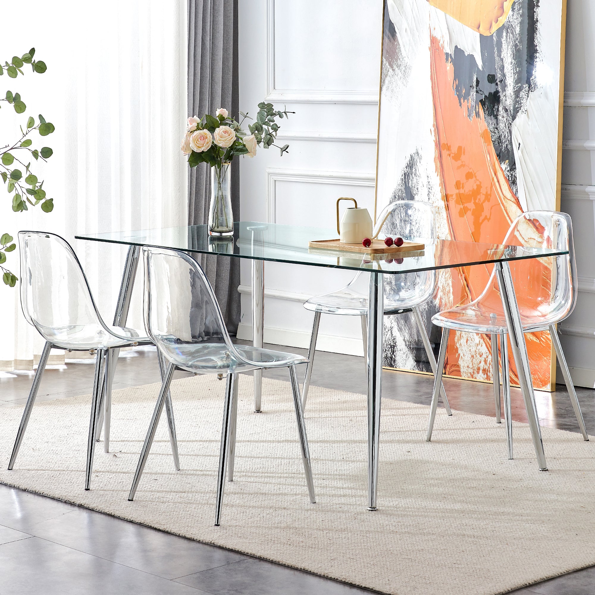 4 to 6 Seater Modern Minimalist Thick Tempered Glass Dining Table with Silver Metal Legs_7