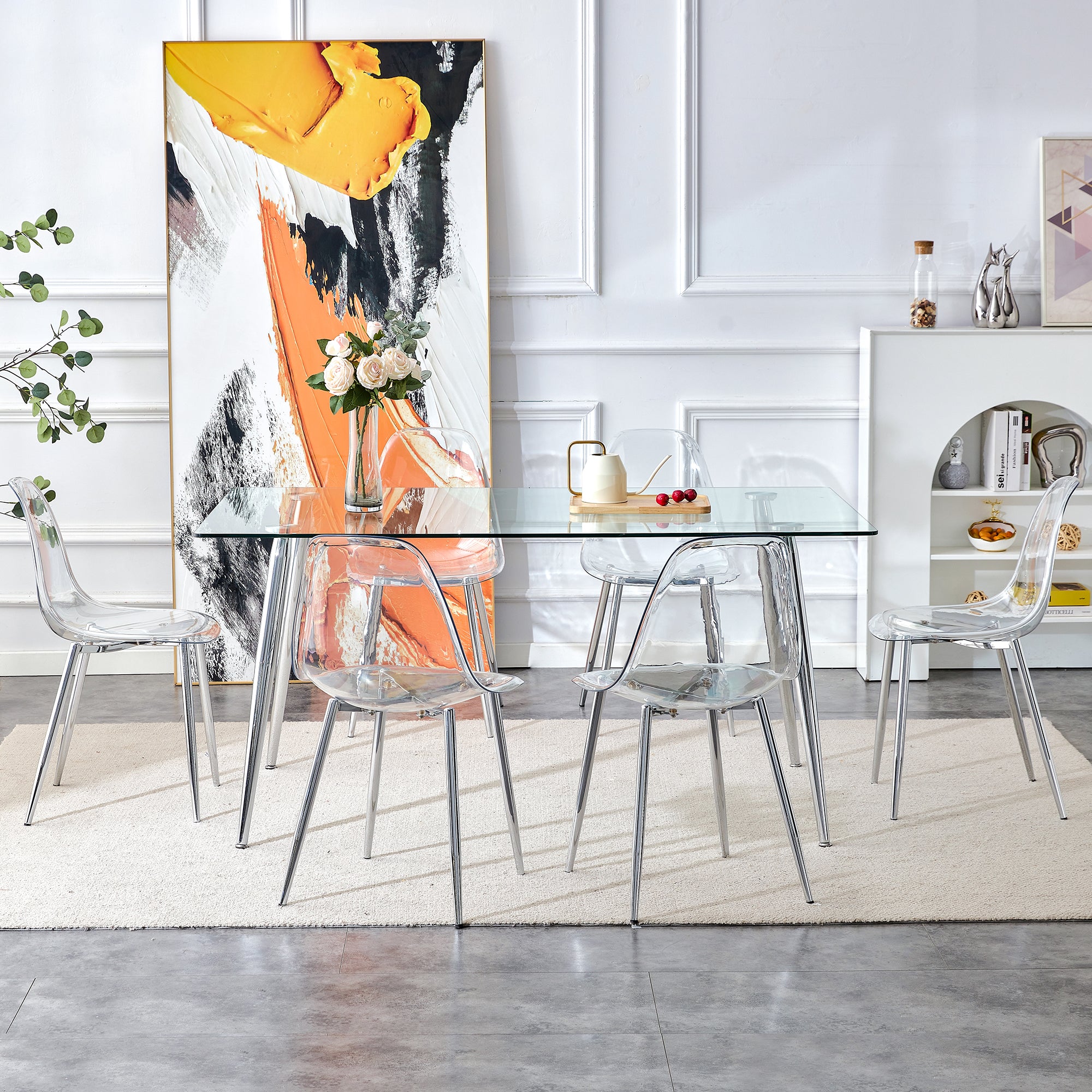 4 to 6 Seater Modern Minimalist Thick Tempered Glass Dining Table with Silver Metal Legs_4