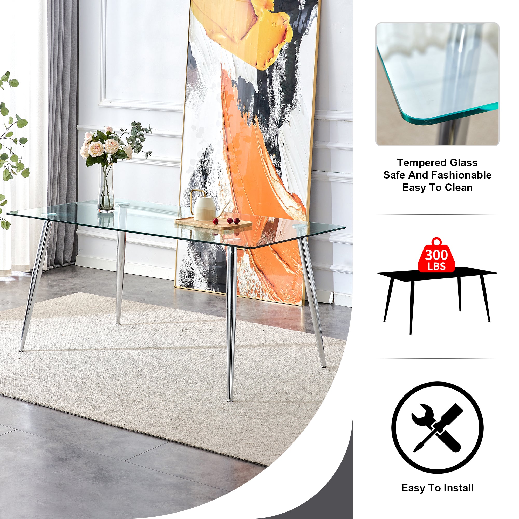 4 to 6 Seater Modern Minimalist Thick Tempered Glass Dining Table with Silver Metal Legs_18
