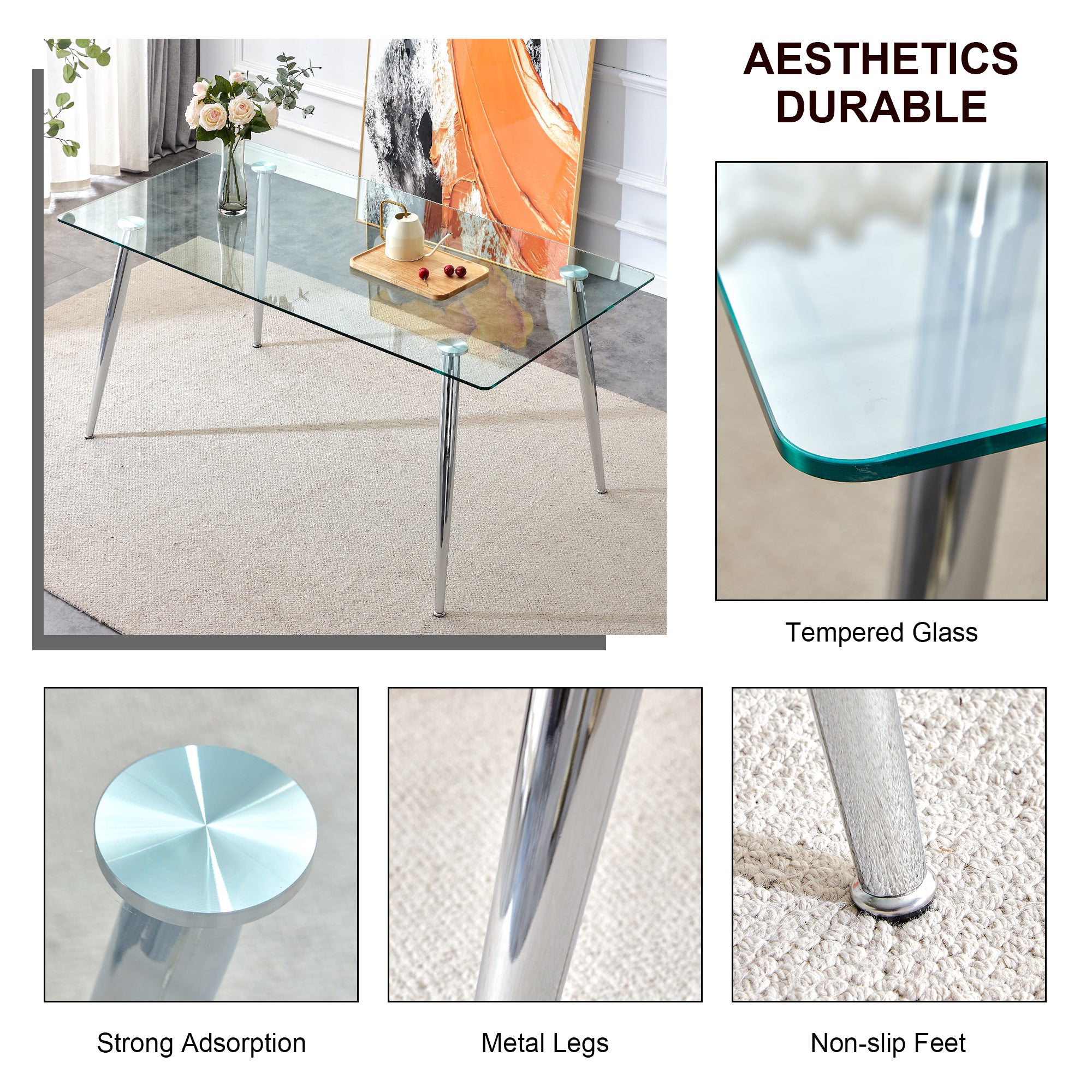 4 to 6 Seater Modern Minimalist Thick Tempered Glass Dining Table with Silver Metal Legs_19