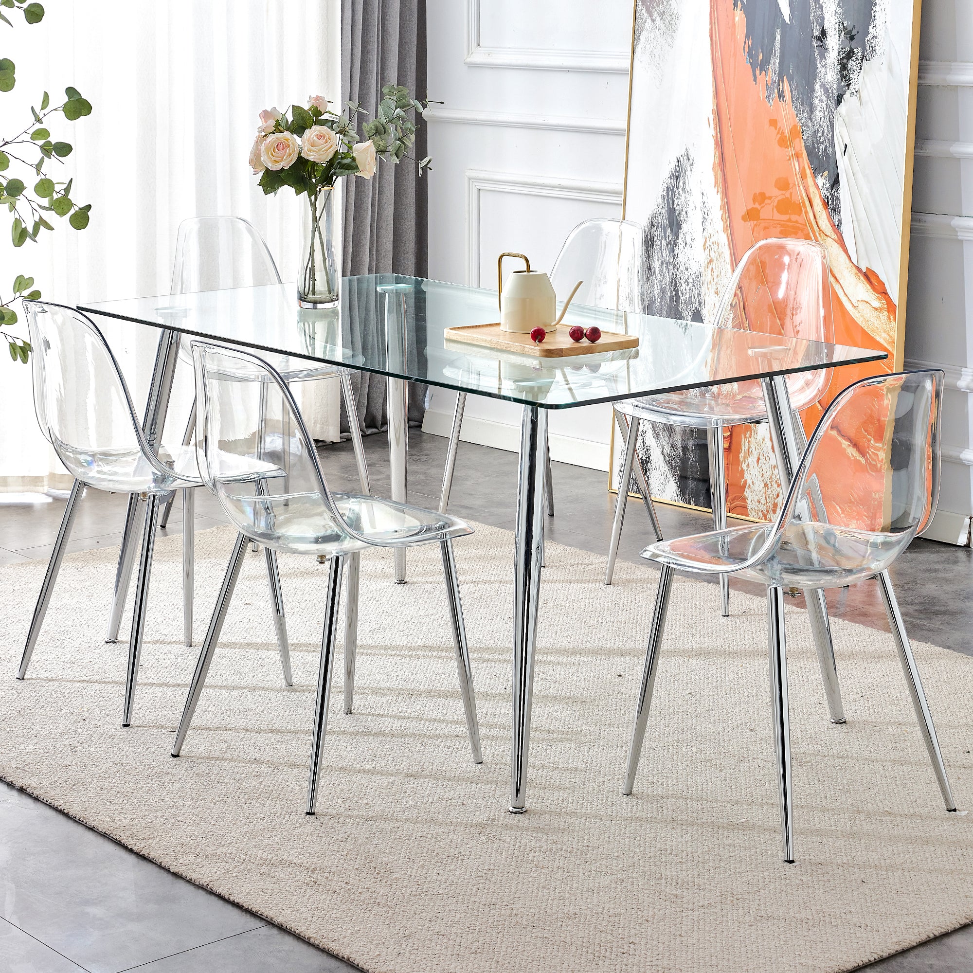 4 to 6 Seater Modern Minimalist Thick Tempered Glass Dining Table with Silver Metal Legs_3