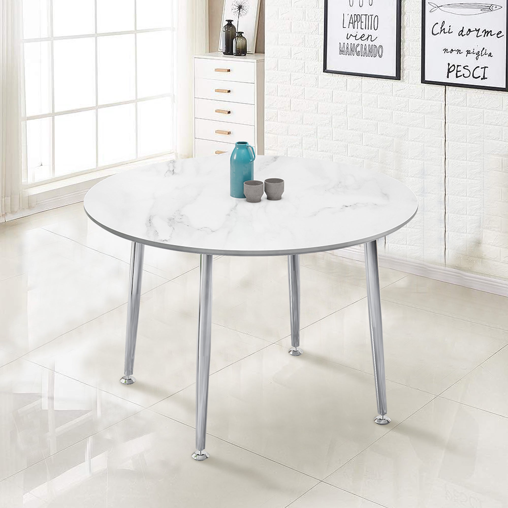 40 inches Modern Minimalist Round Marbled Design Coffee Table with Metal Legs- White, Silver_3