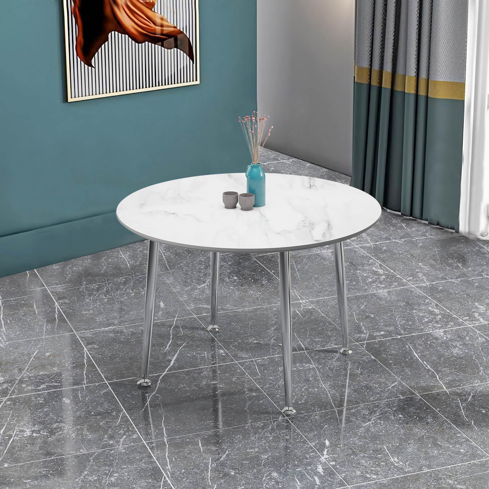 40 inches Modern Minimalist Round Marbled Design Coffee Table with Metal Legs- White, Silver_2