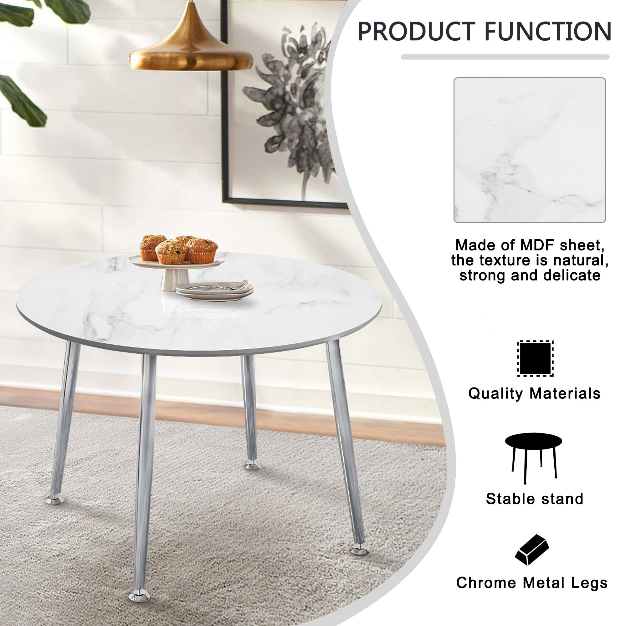 40 inches Modern Minimalist Round Marbled Design Coffee Table with Metal Legs- White, Silver_12