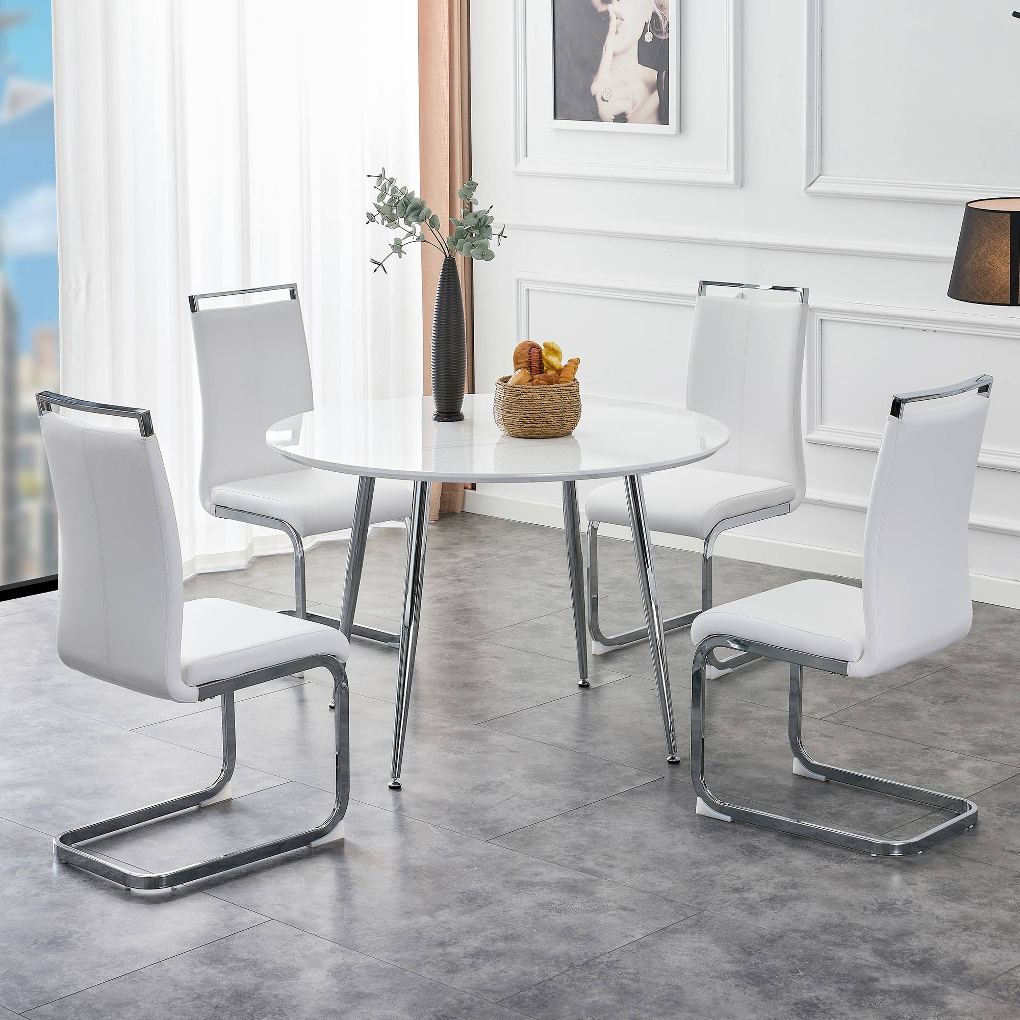 40 inches Modern Minimalist Round Marbled Design Coffee Table with Metal Legs- White, Silver_5