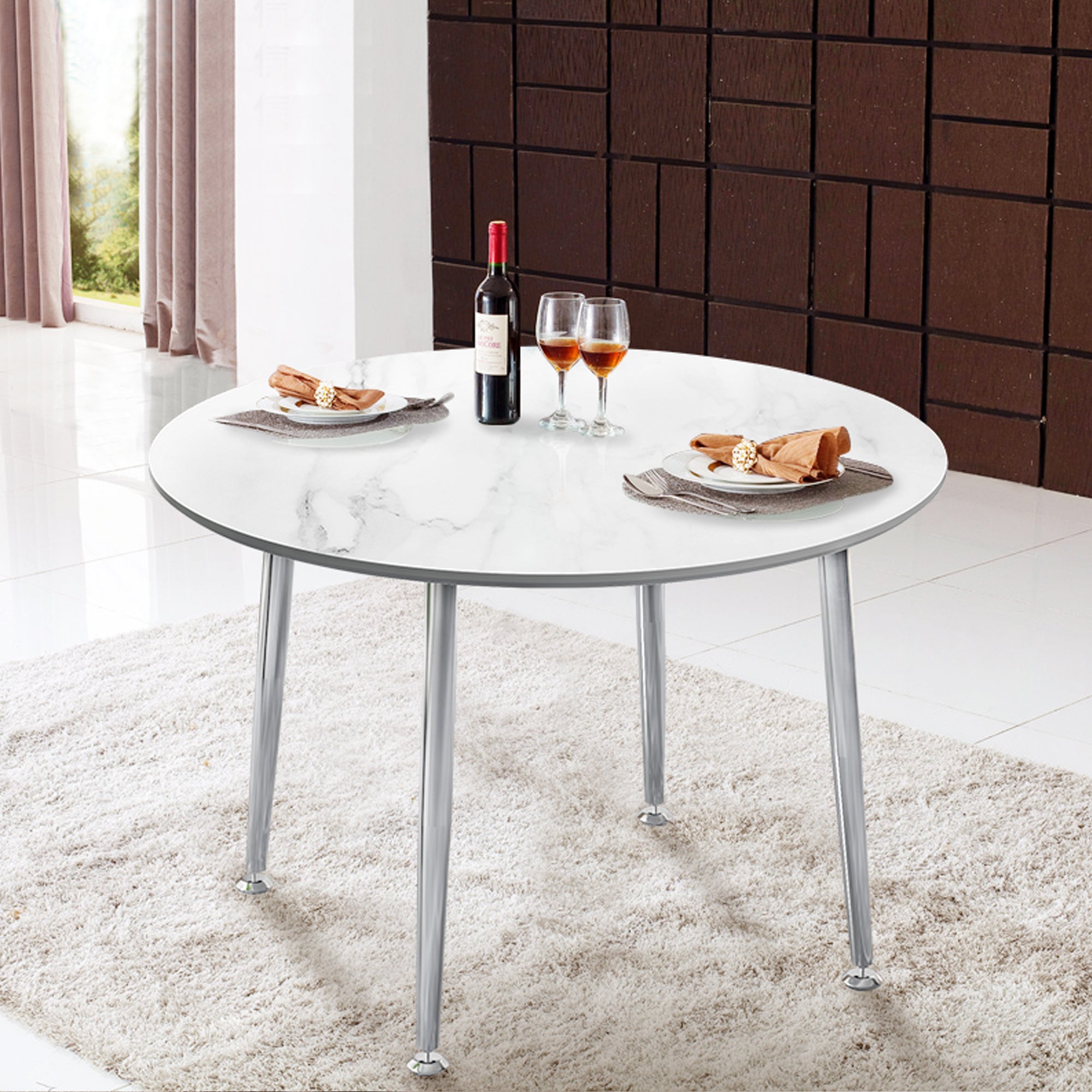 40 inches Modern Minimalist Round Marbled Design Coffee Table with Metal Legs- White, Silver_4