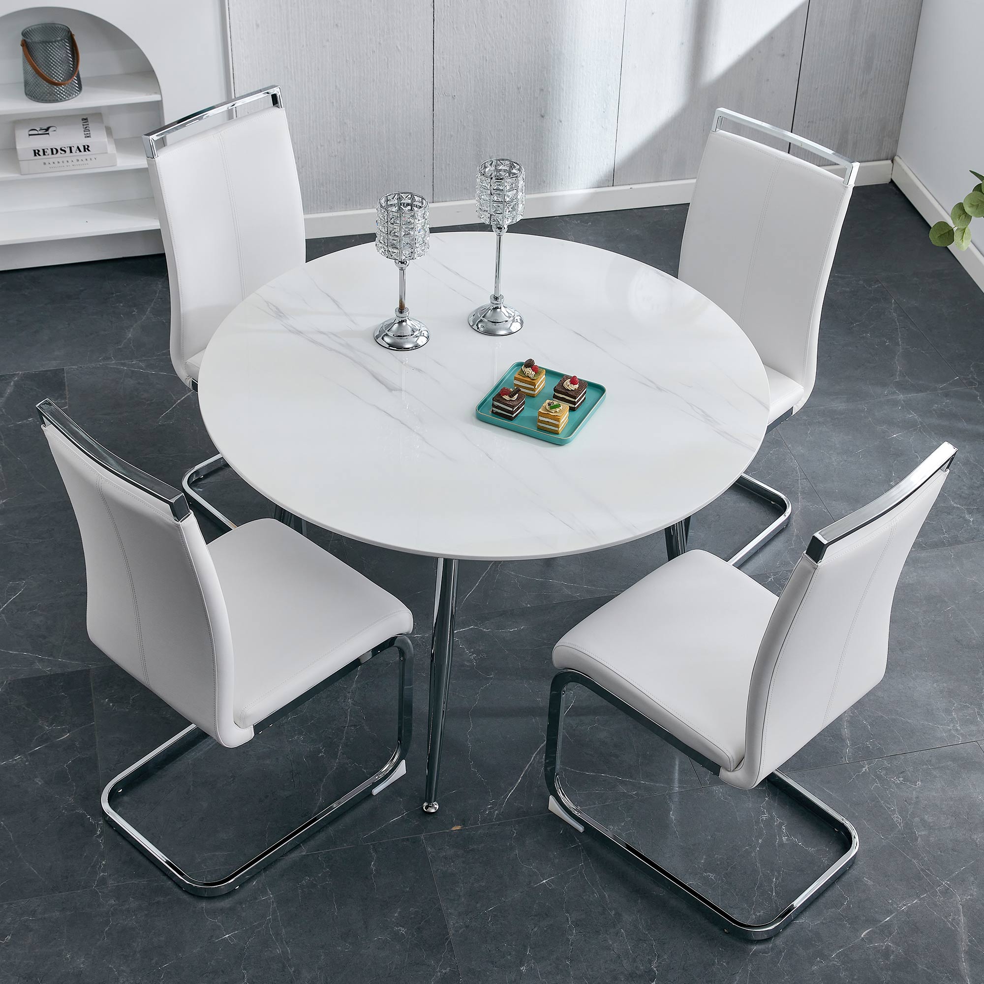 40 inches Modern Minimalist Round Marbled Design Coffee Table with Metal Legs- White, Silver_7