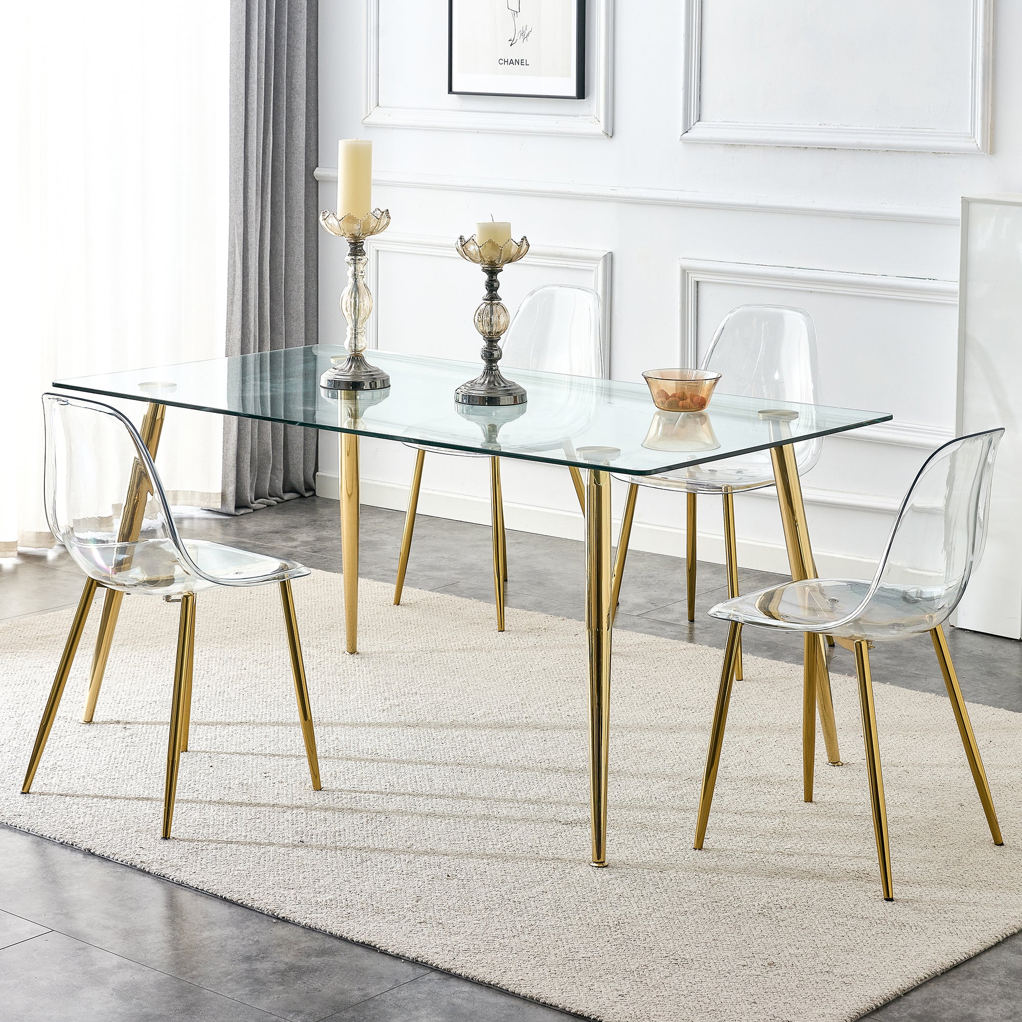 4 to 6 Seater Modern Minimalist Thick Tempered Glass Dining Table with Gold Metal Legs_7