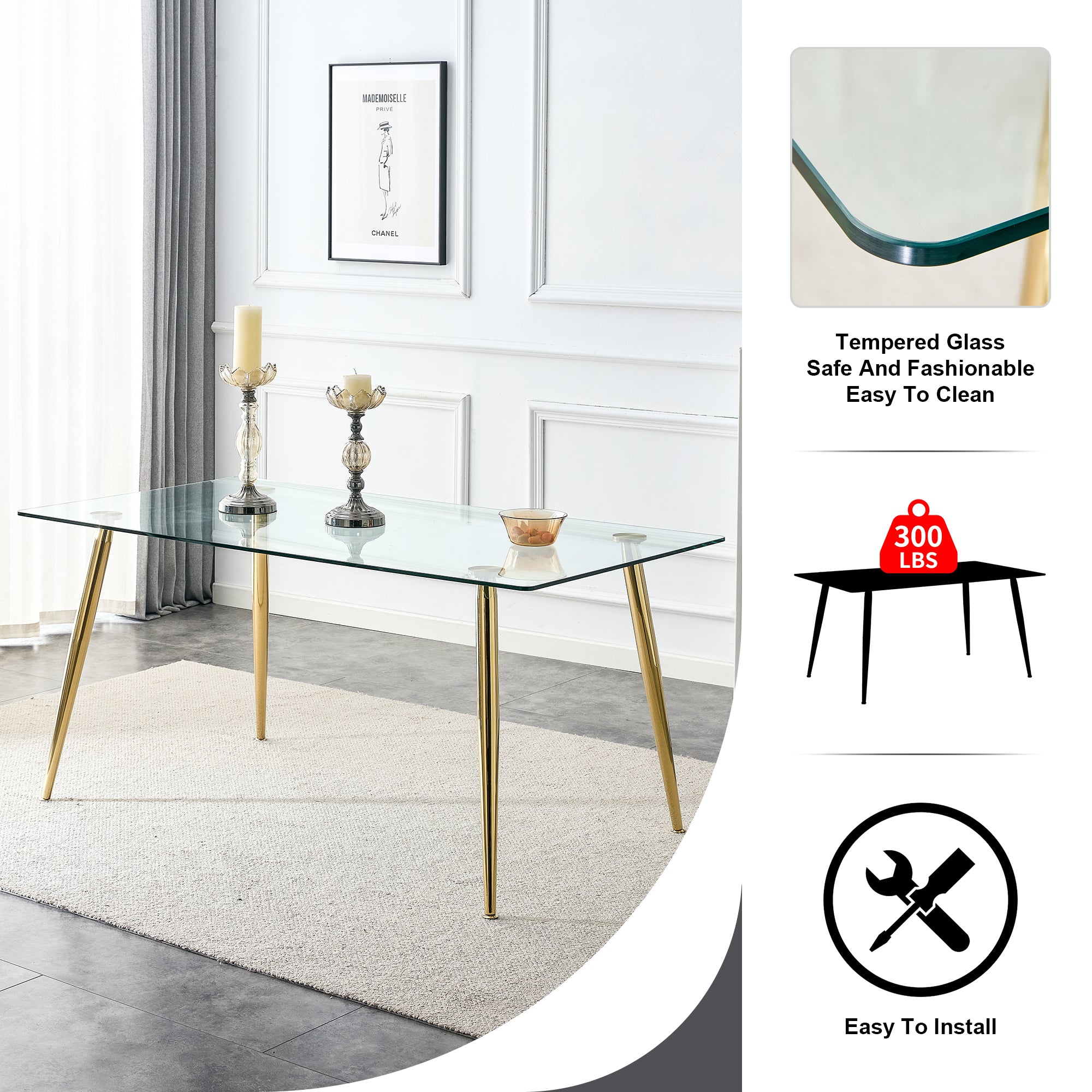 4 to 6 Seater Modern Minimalist Thick Tempered Glass Dining Table with Gold Metal Legs_19