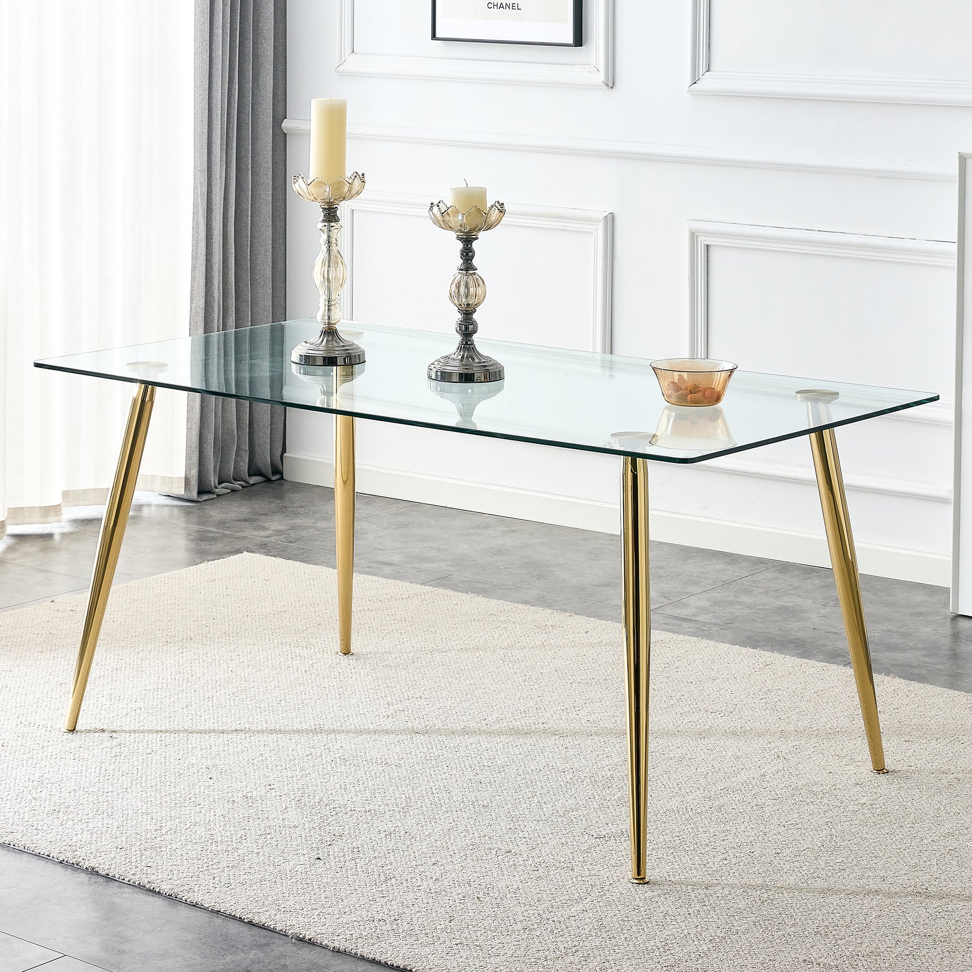 4 to 6 Seater Modern Minimalist Thick Tempered Glass Dining Table with Gold Metal Legs_1