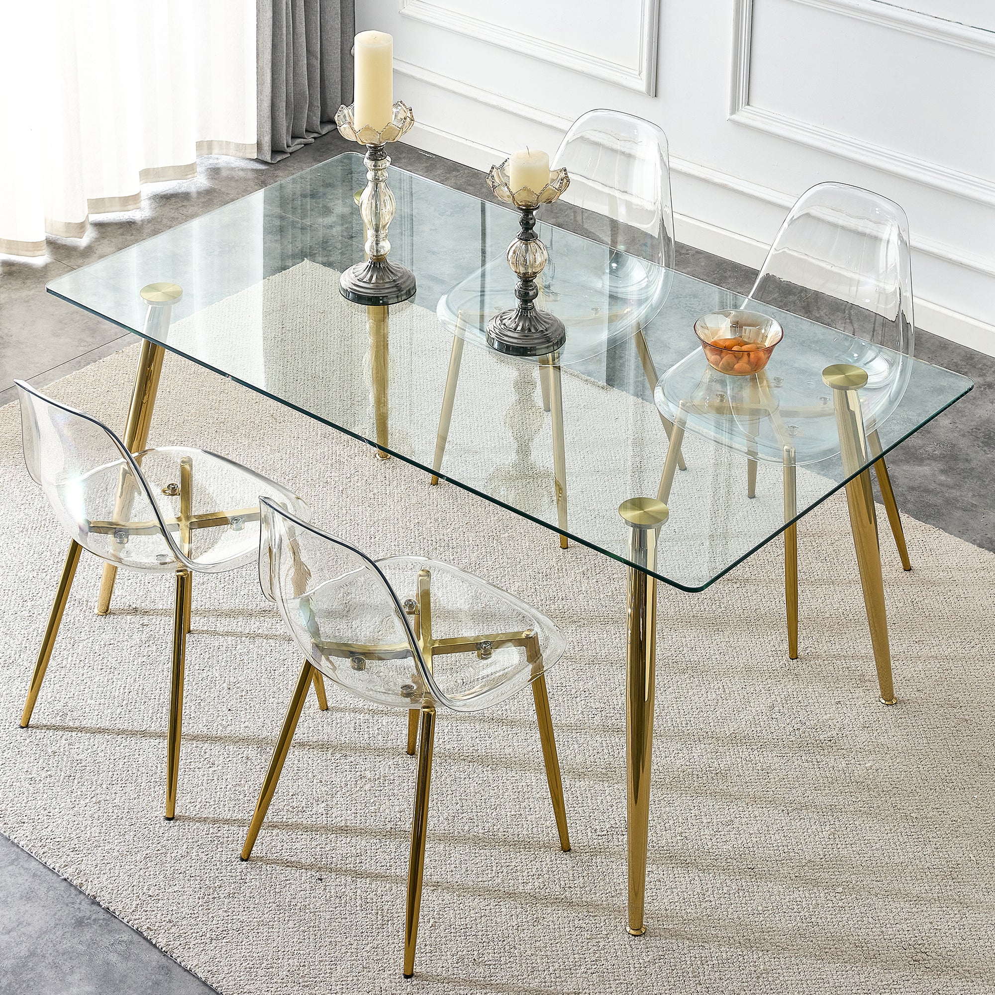 4 to 6 Seater Modern Minimalist Thick Tempered Glass Dining Table with Gold Metal Legs_5