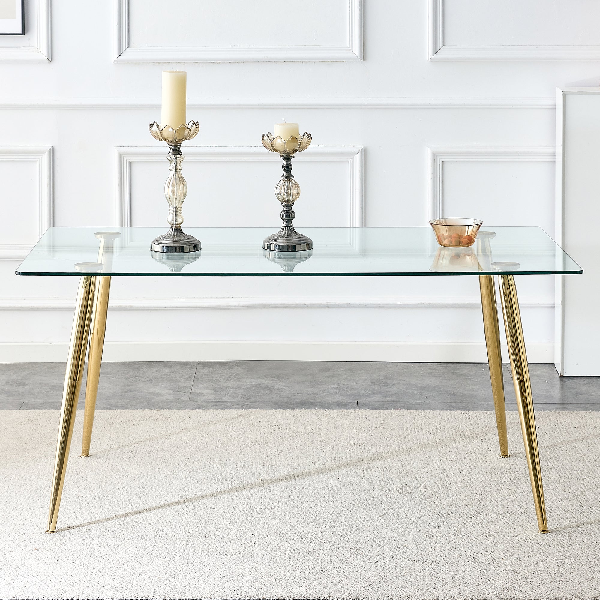 4 to 6 Seater Modern Minimalist Thick Tempered Glass Dining Table with Gold Metal Legs_3