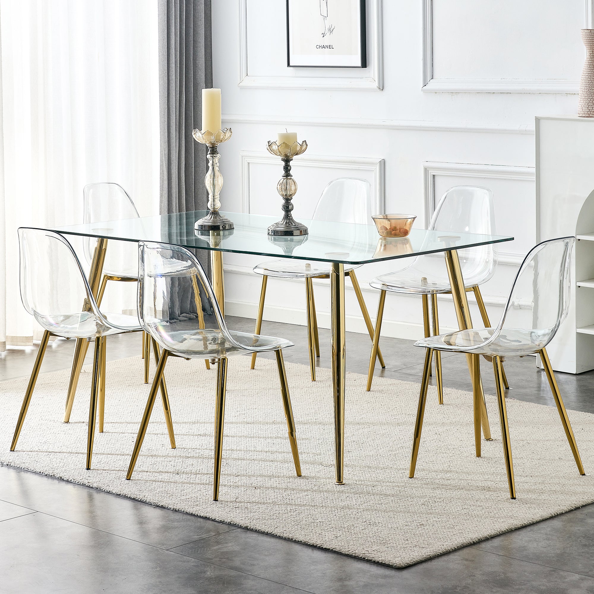 4 to 6 Seater Modern Minimalist Thick Tempered Glass Dining Table with Gold Metal Legs_6