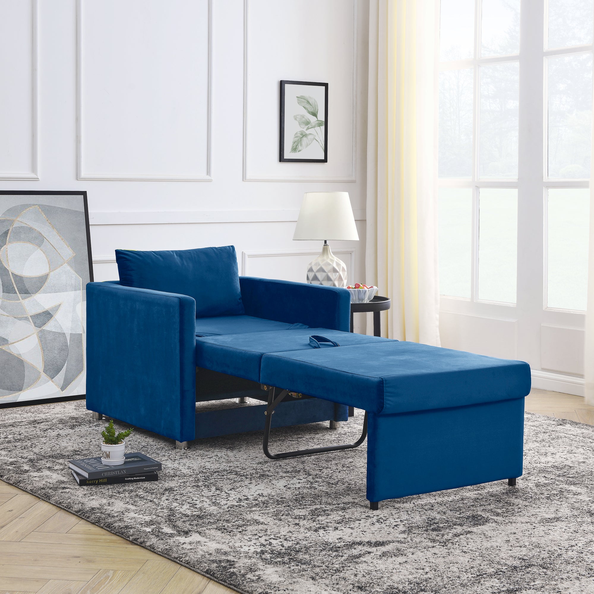 2-in-1 Convertible Sofa Chair Bed Space Saving Lounger Sleeper Chair- Blue_10