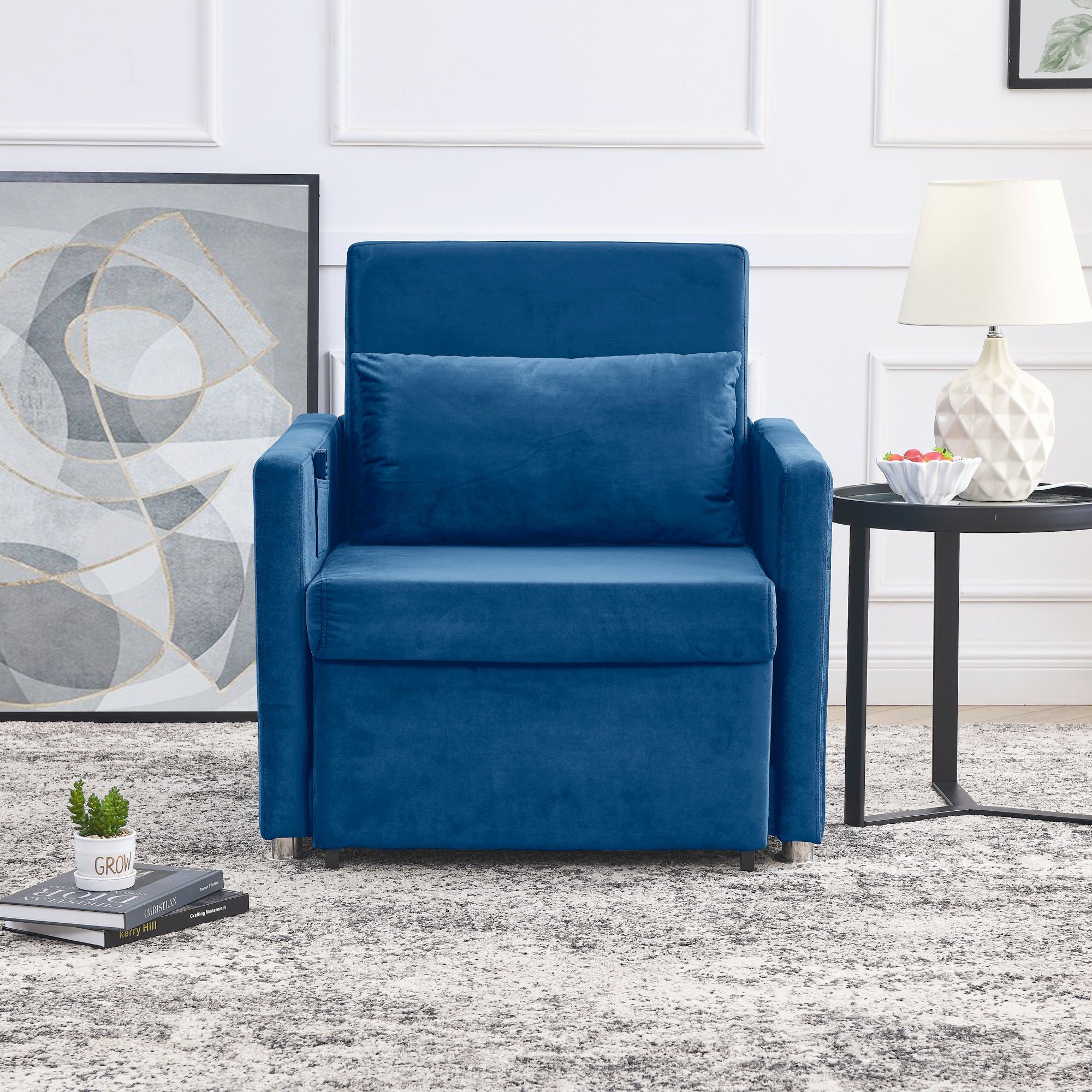 2-in-1 Convertible Sofa Chair Bed Space Saving Lounger Sleeper Chair- Blue_3