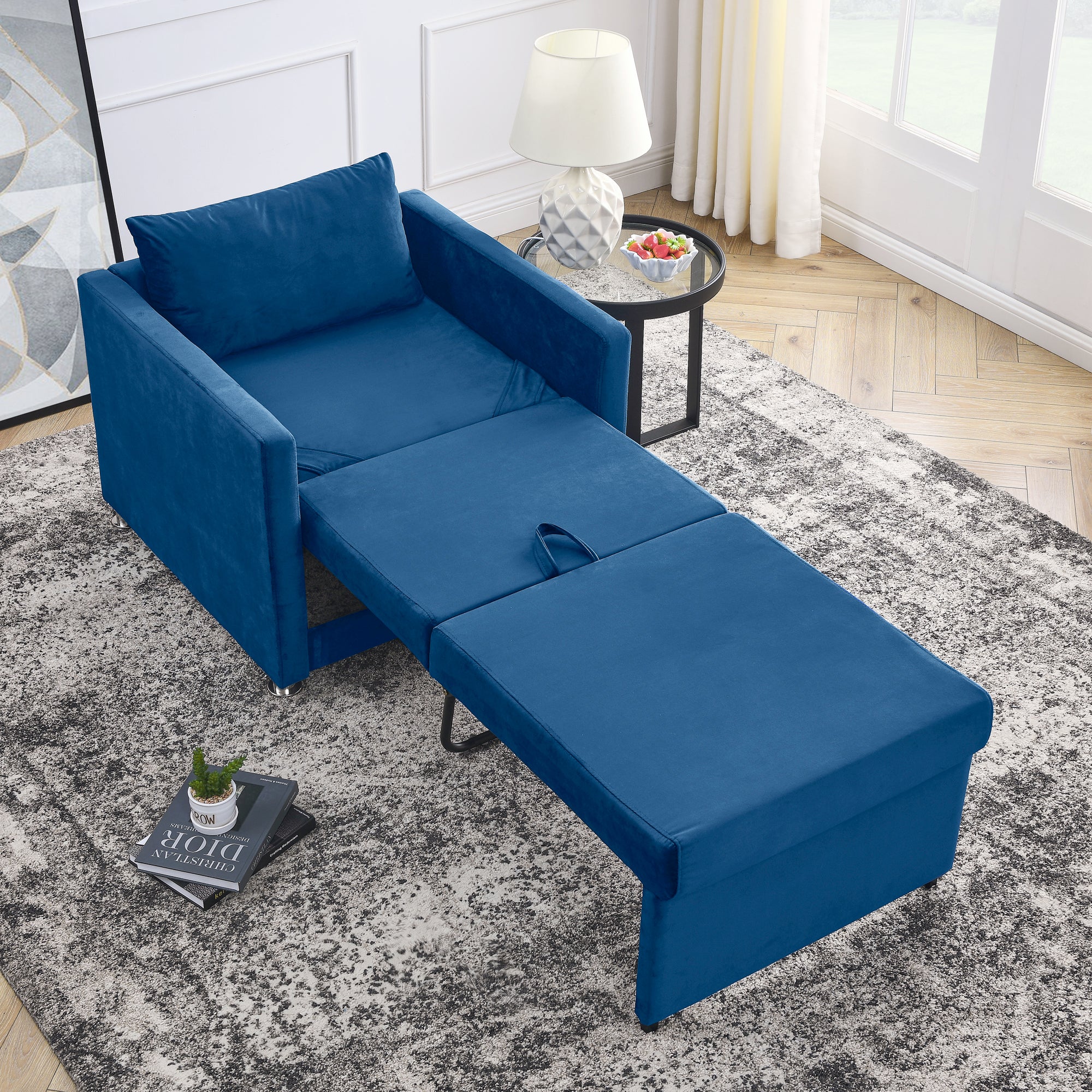 2-in-1 Convertible Sofa Chair Bed Space Saving Lounger Sleeper Chair- Blue_1