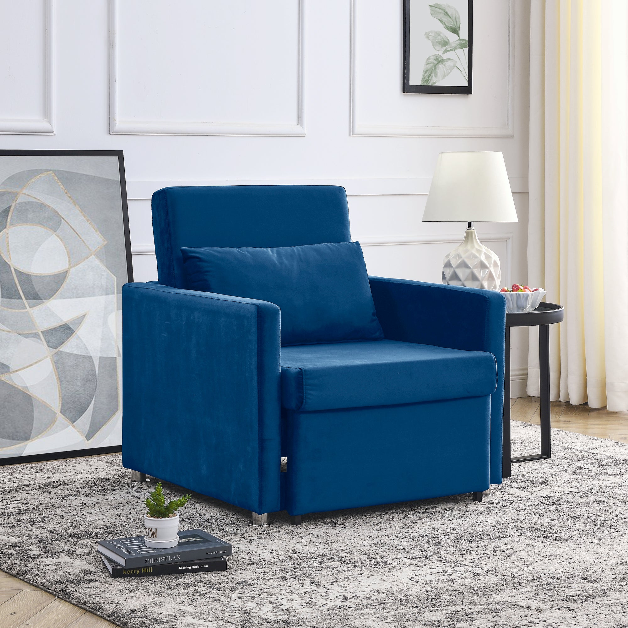 2-in-1 Convertible Sofa Chair Bed Space Saving Lounger Sleeper Chair- Blue_2