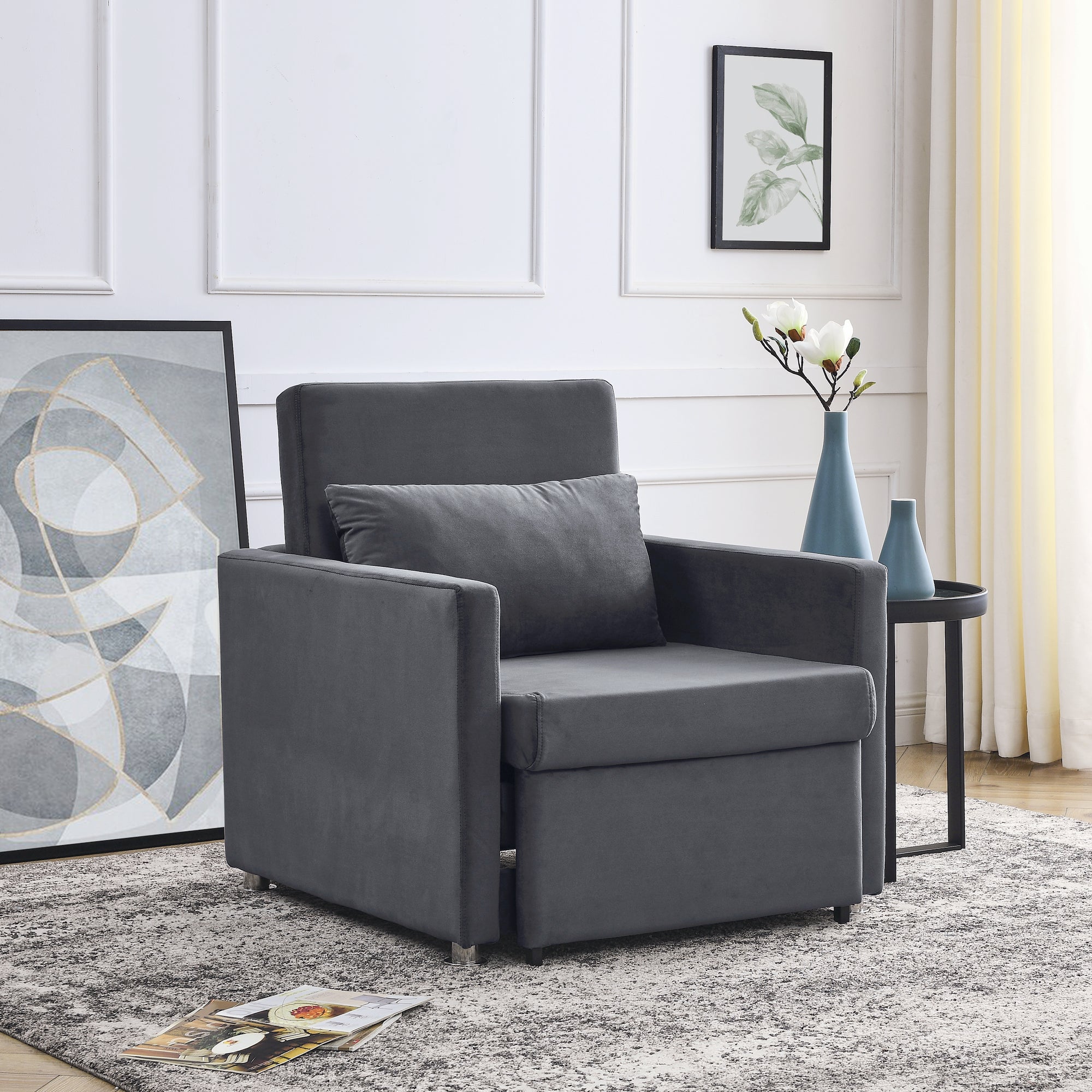 2-in-1 Convertible Sofa Chair Bed Space Saving Lounger Sleeper Chair- Gray_3