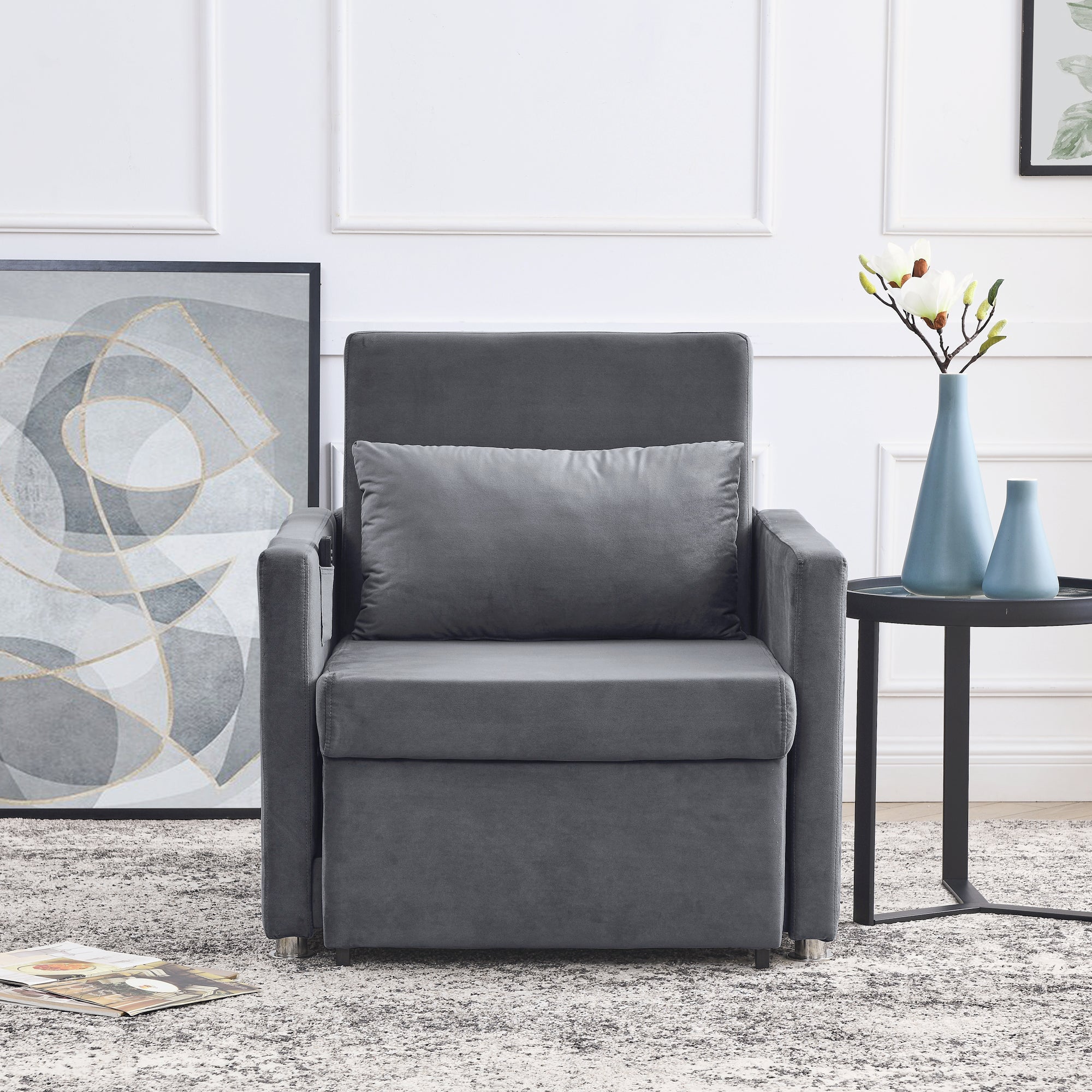 2-in-1 Convertible Sofa Chair Bed Space Saving Lounger Sleeper Chair- Gray_2