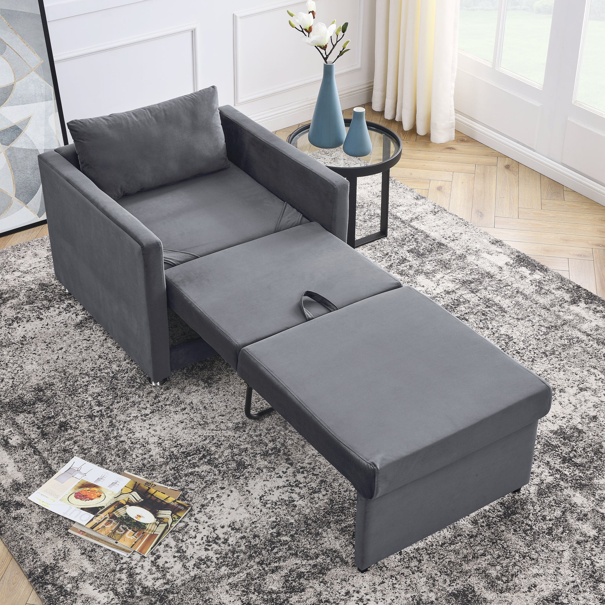 2-in-1 Convertible Sofa Chair Bed Space Saving Lounger Sleeper Chair- Gray_1