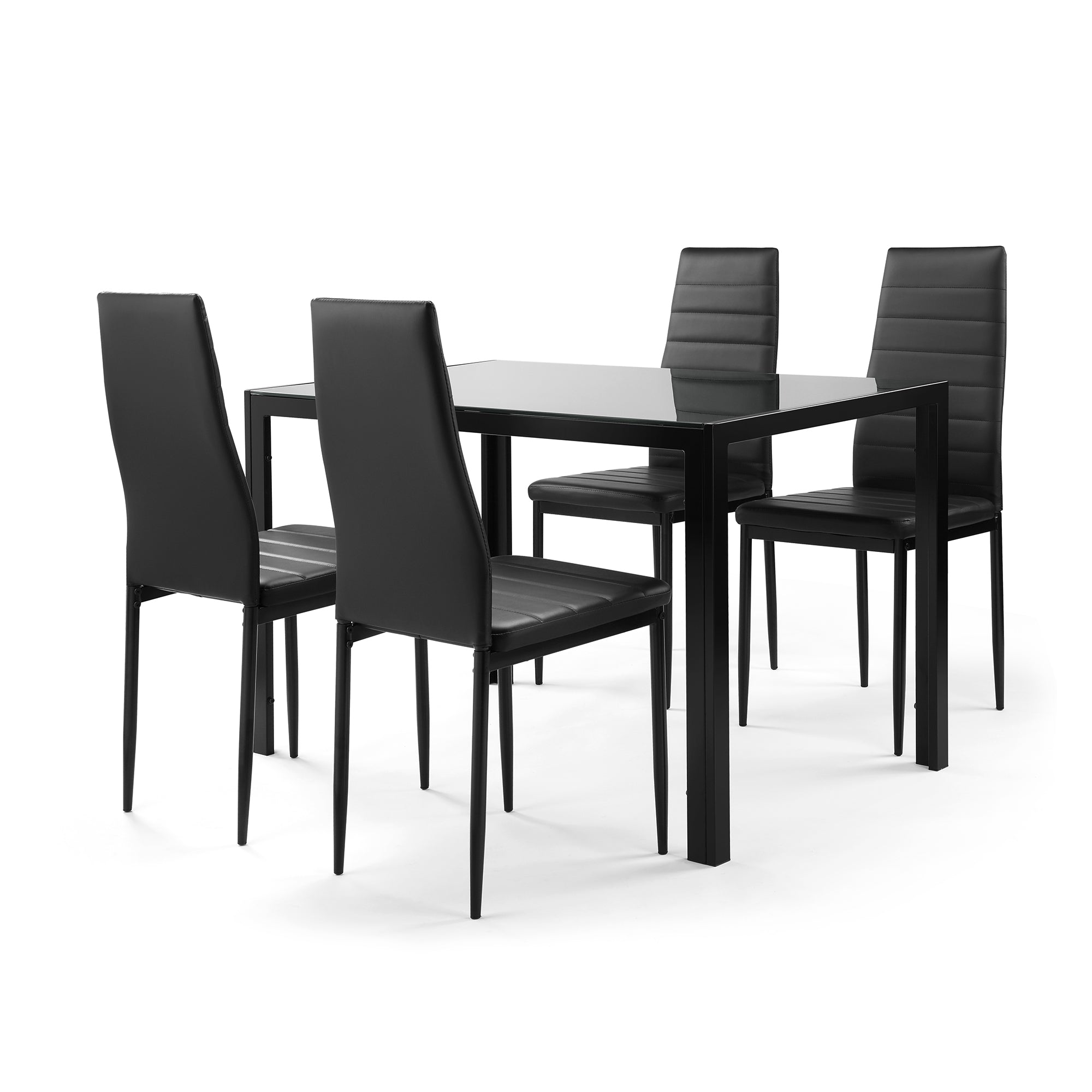 Set of 5 4 Seater Tempered Glass Dining Table and Faux Leather Chair Set- Black_3