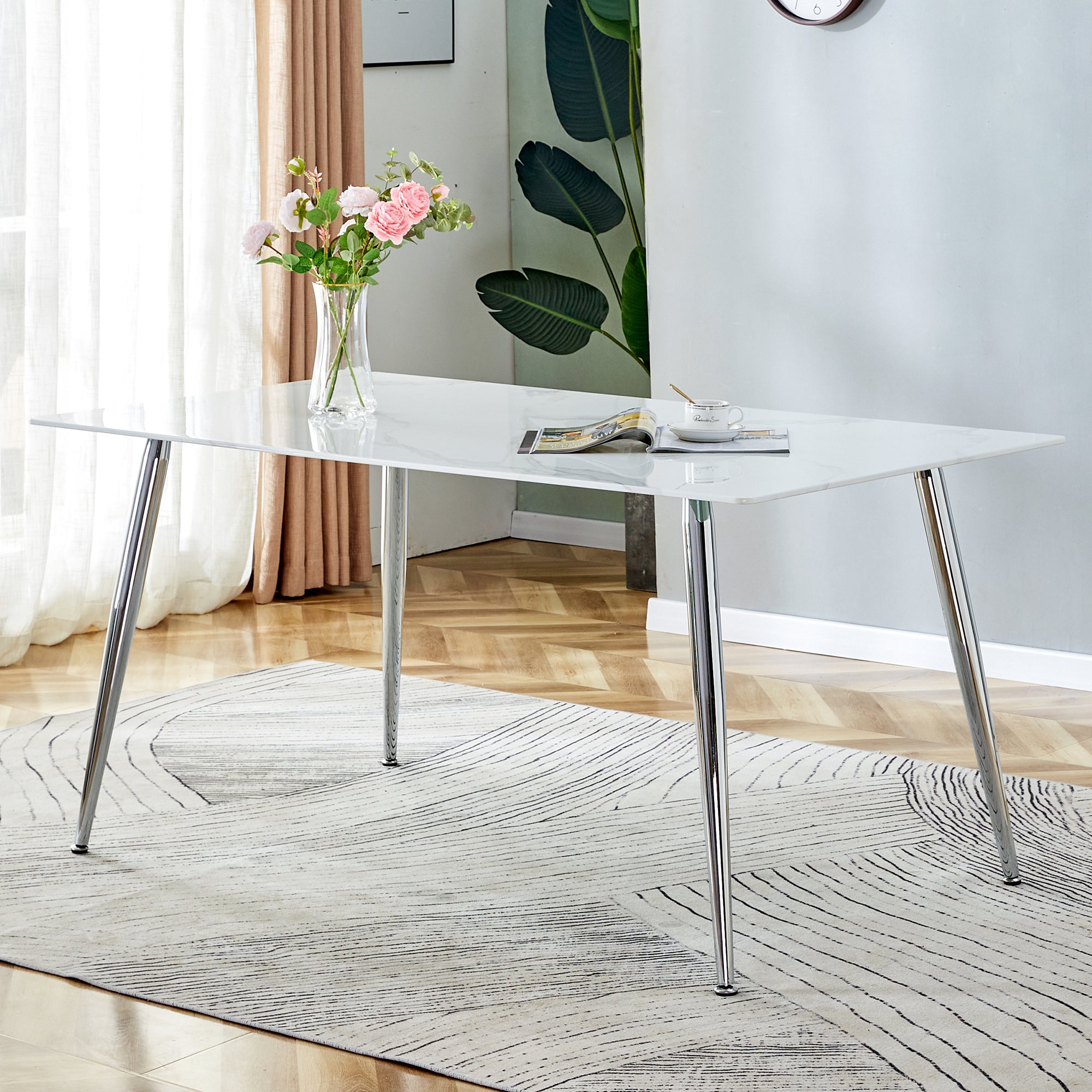 4 to 6 Seater Modern Minimalist Thick Tempered Marbled Glass Dining Table with Silver Metal Legs_2