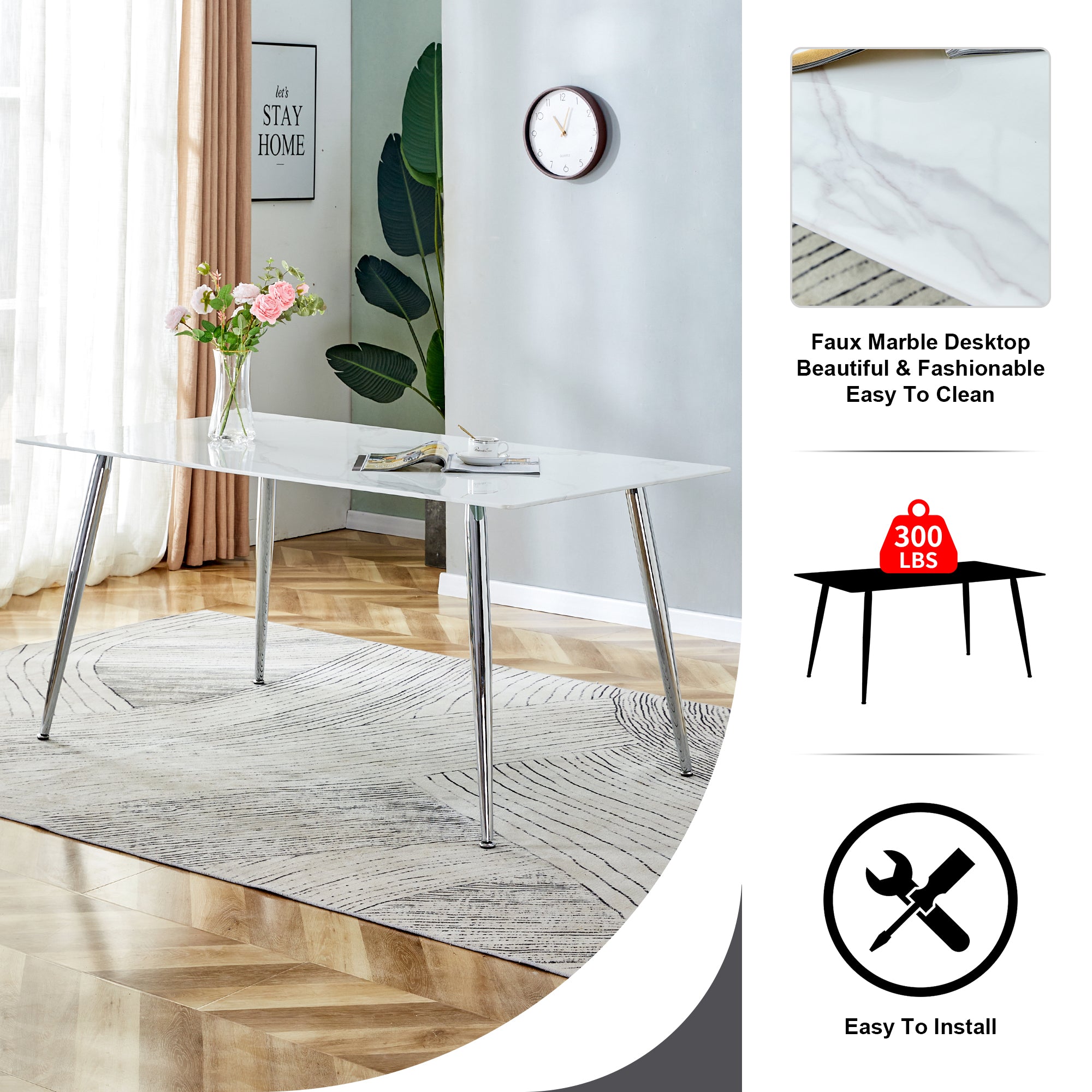 4 to 6 Seater Modern Minimalist Thick Tempered Marbled Glass Dining Table with Silver Metal Legs_19