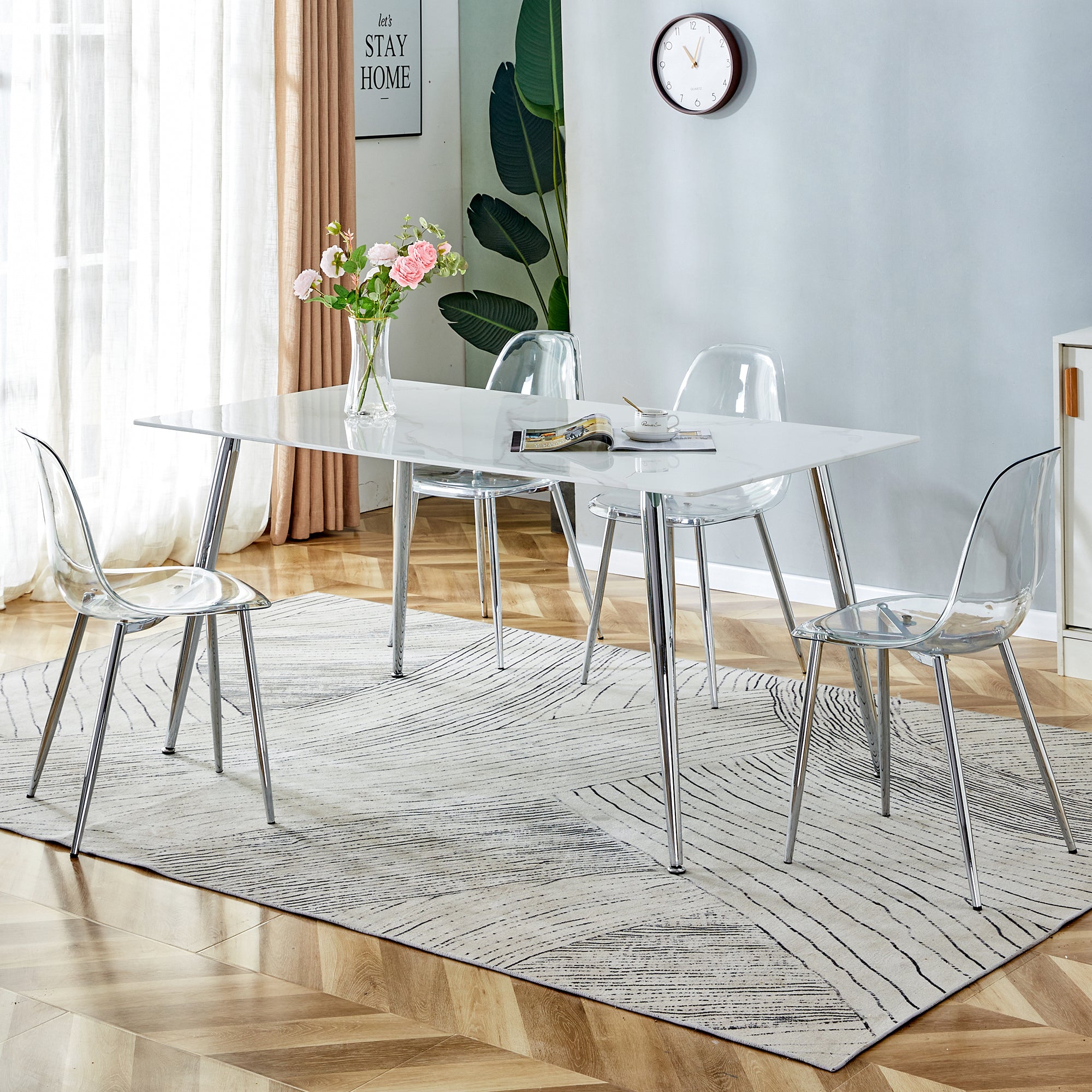 4 to 6 Seater Modern Minimalist Thick Tempered Marbled Glass Dining Table with Silver Metal Legs_5