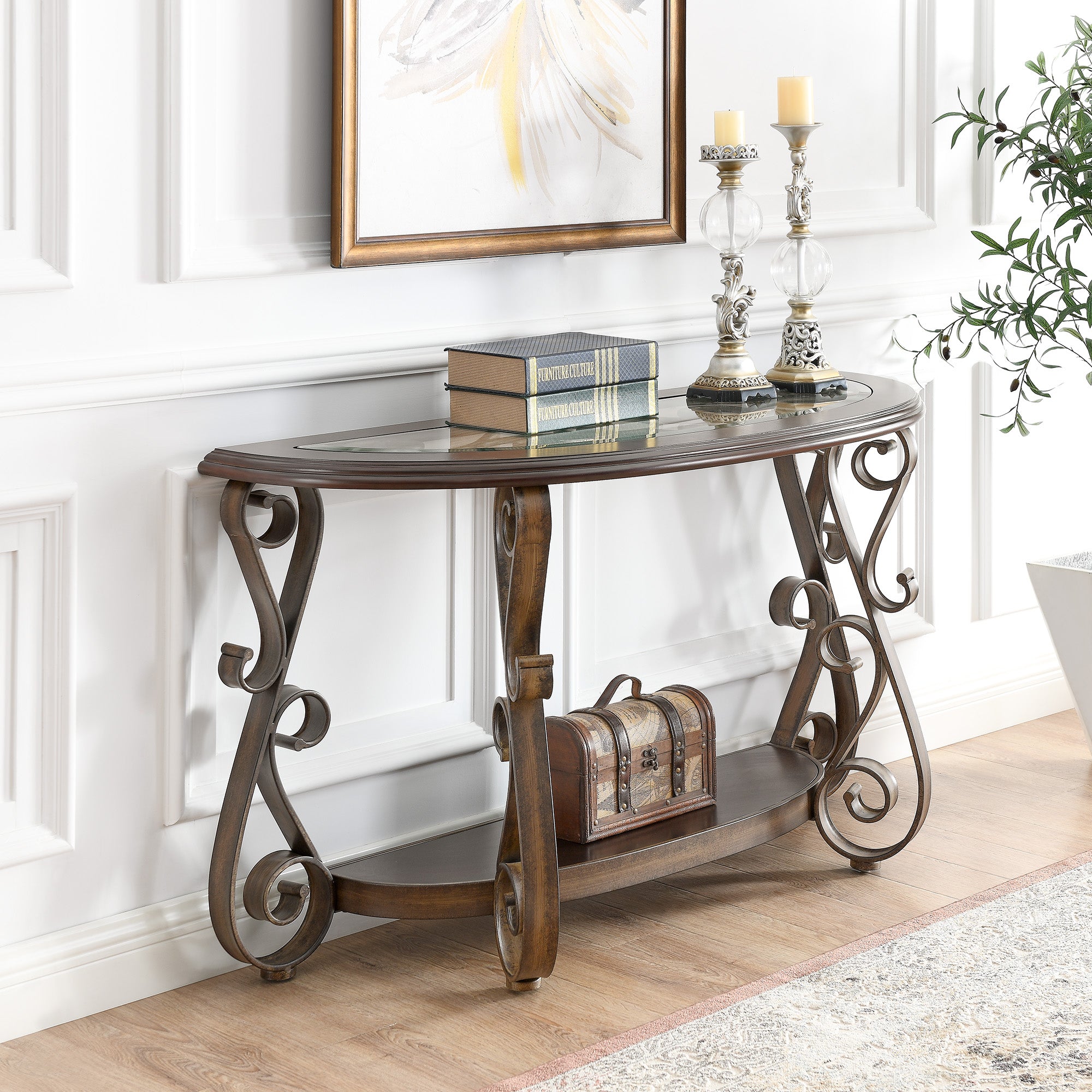Accent Console Table with Glass Top and Powder Coat Finish with Metal Legs_2