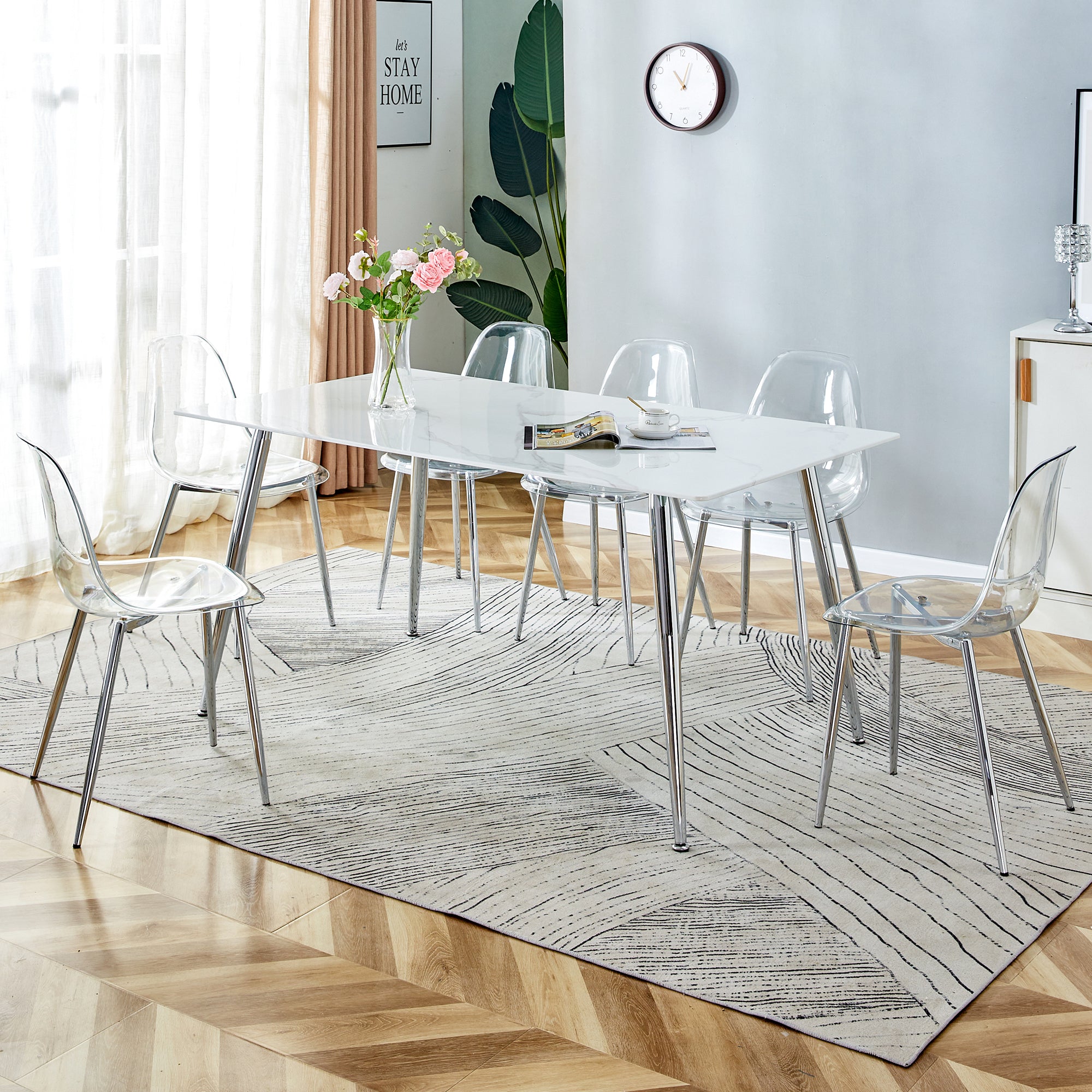 4 to 6 Seater Modern Minimalist Thick Tempered Marbled Glass Dining Table with Silver Metal Legs_6